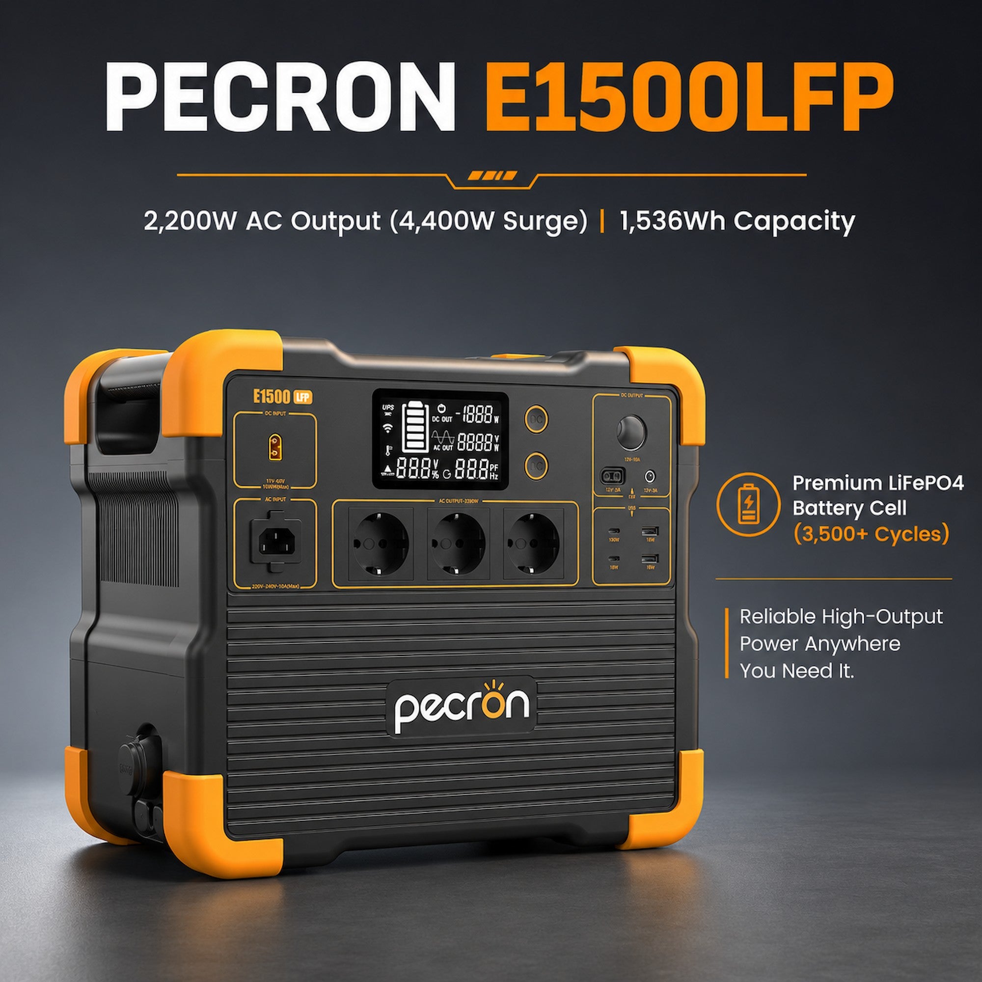 Pecron E1500LFP 1536Wh/2200W Portable Power Station with 4 AC Outlets