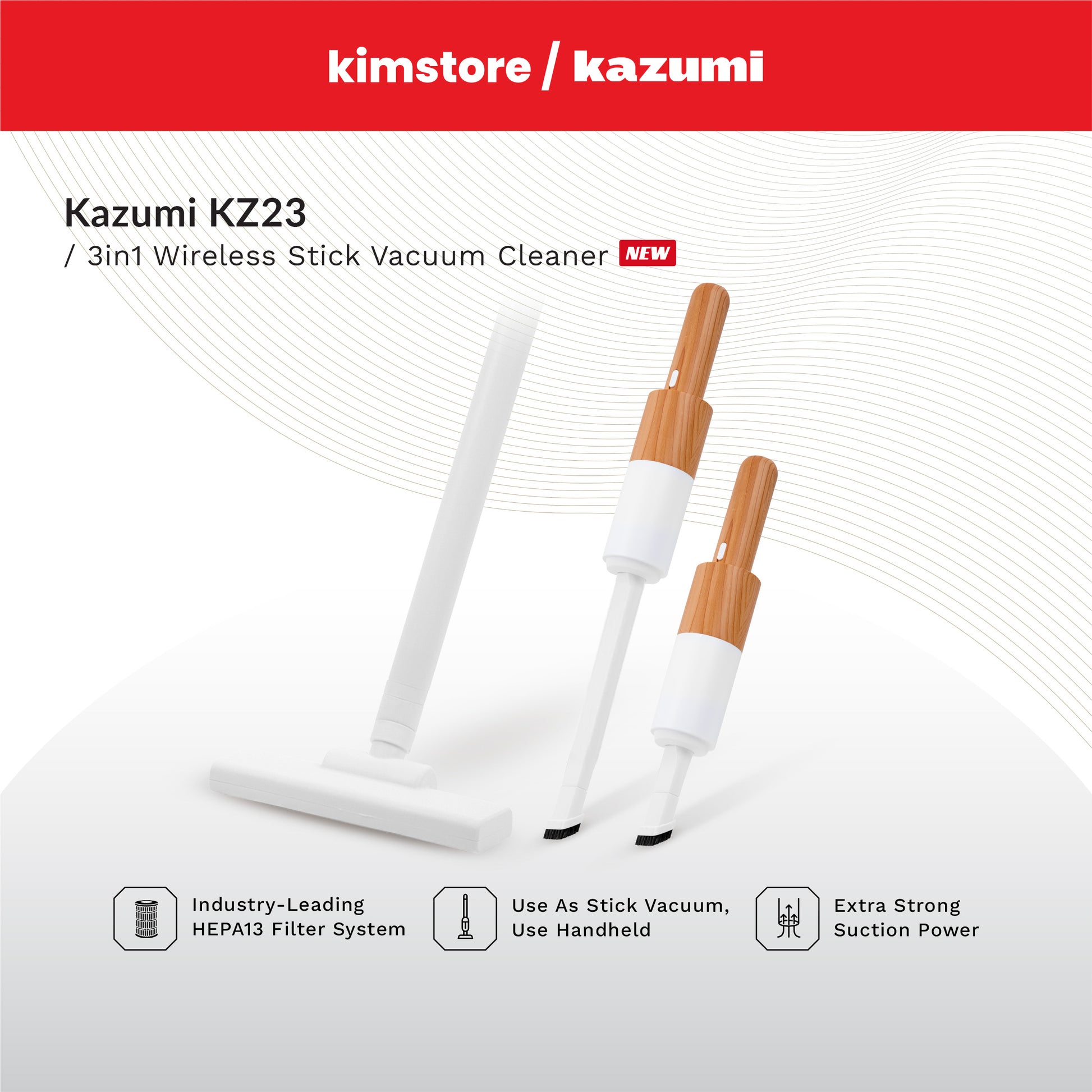 kazumi kz23 3 in 1 wireless stick vacuum cleaner with coastal wood accent white