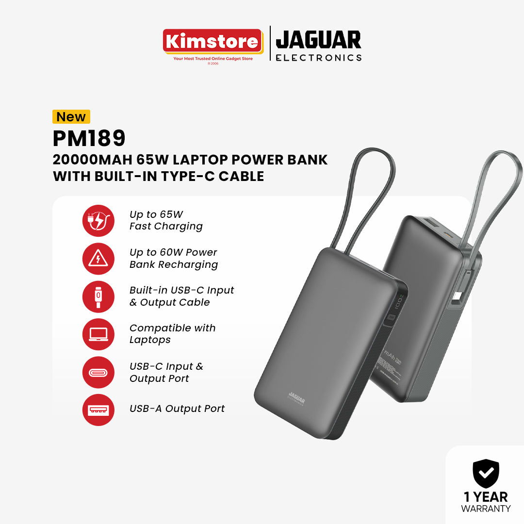 Jaguar Electronics PM189 20000mAh 65W PD/QC 3.0 Laptop Power Bank With Built-in Type-C Cable