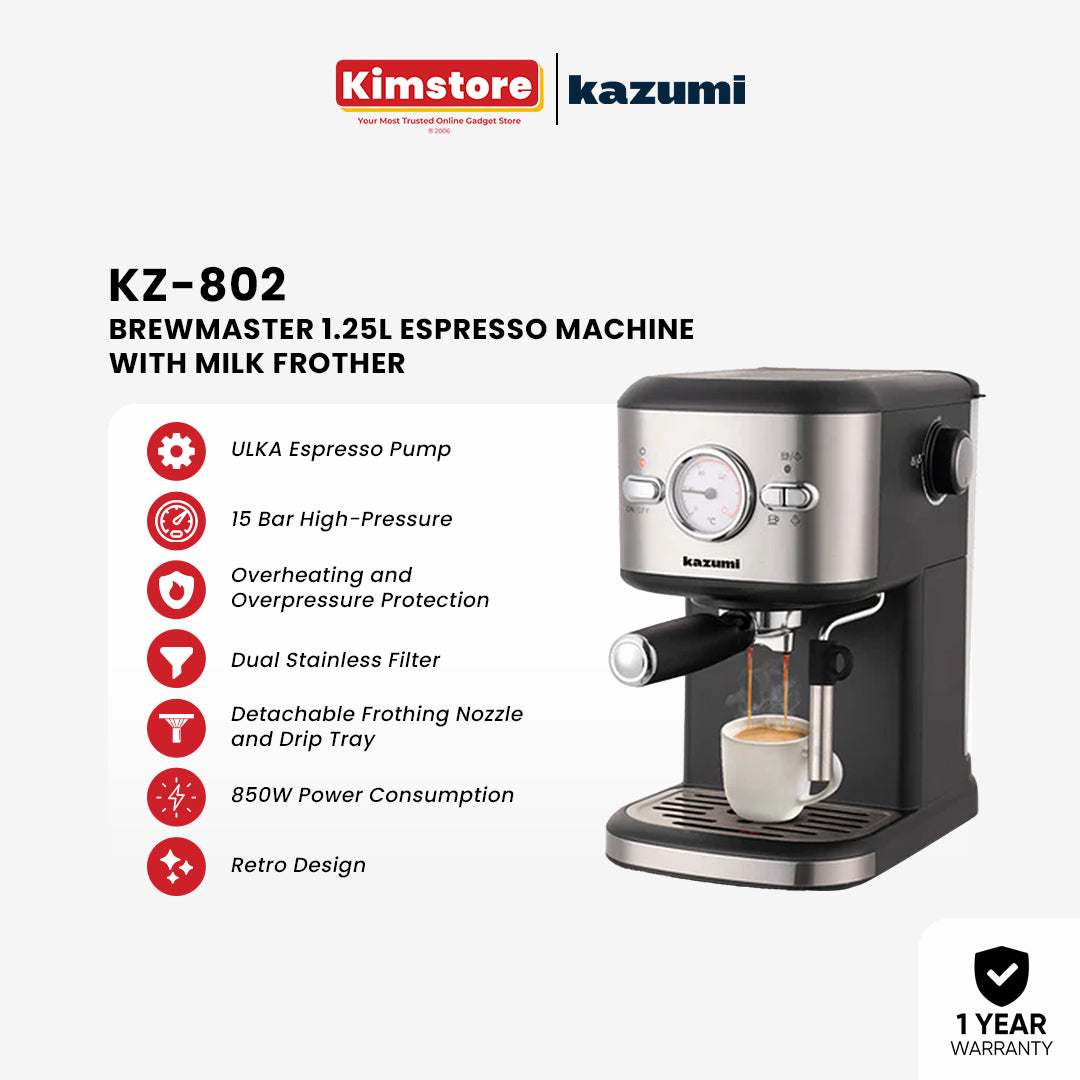 Kazumi KZ-802 BrewMaster 1.25L Espresso Machine with Milk Frother