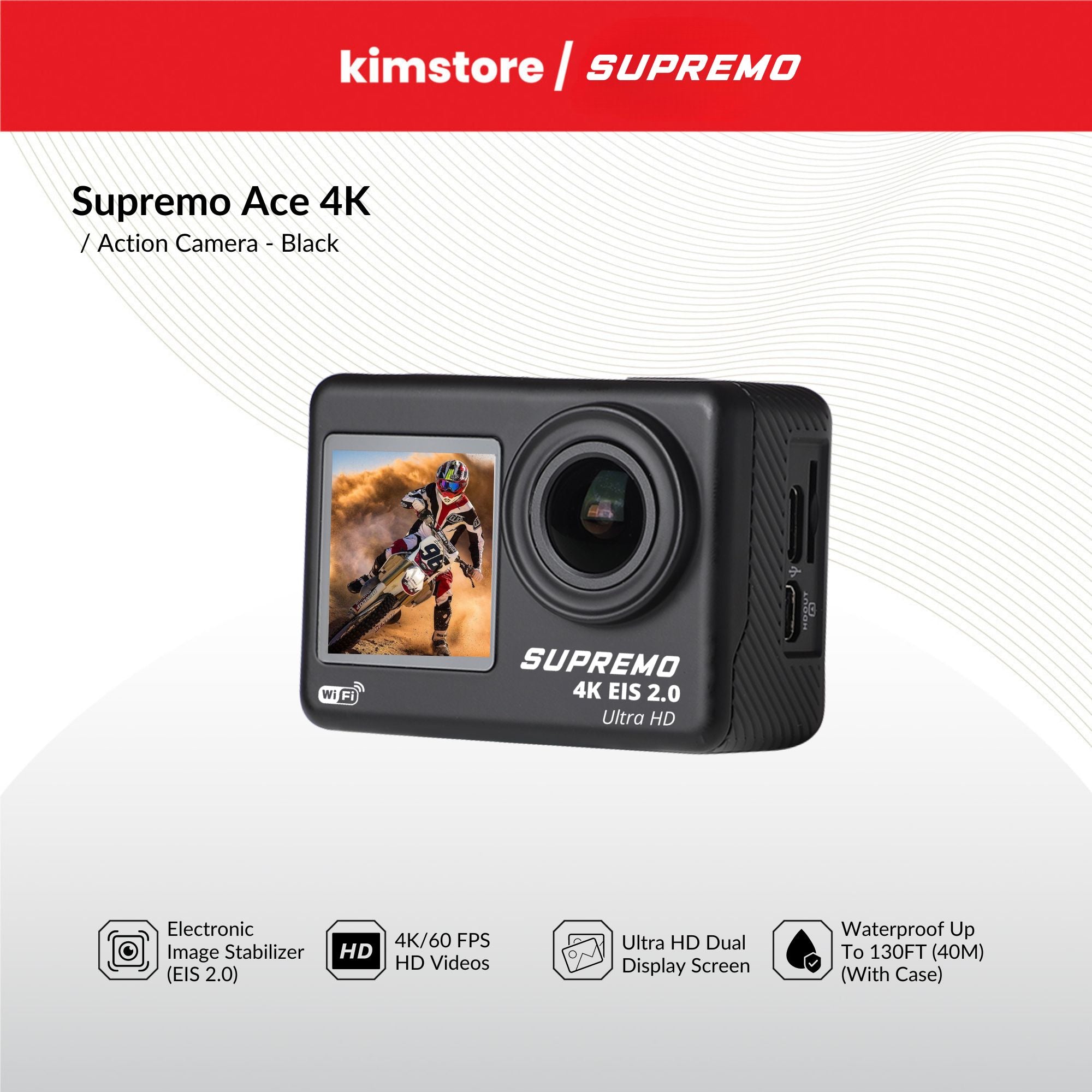 [Bundle] Supremo Ace 4K Dual Display WaterProof Action Camera + SUPREMO Premiere Tripod Mount - Black