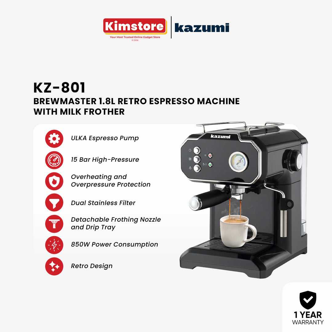 Kazumi KZ-801 BrewMaster 1.8L Retro Espresso Machine with Milk Frother