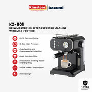 Kazumi KZ-801 BrewMaster 1.8L Retro Espresso Machine with Milk Frother