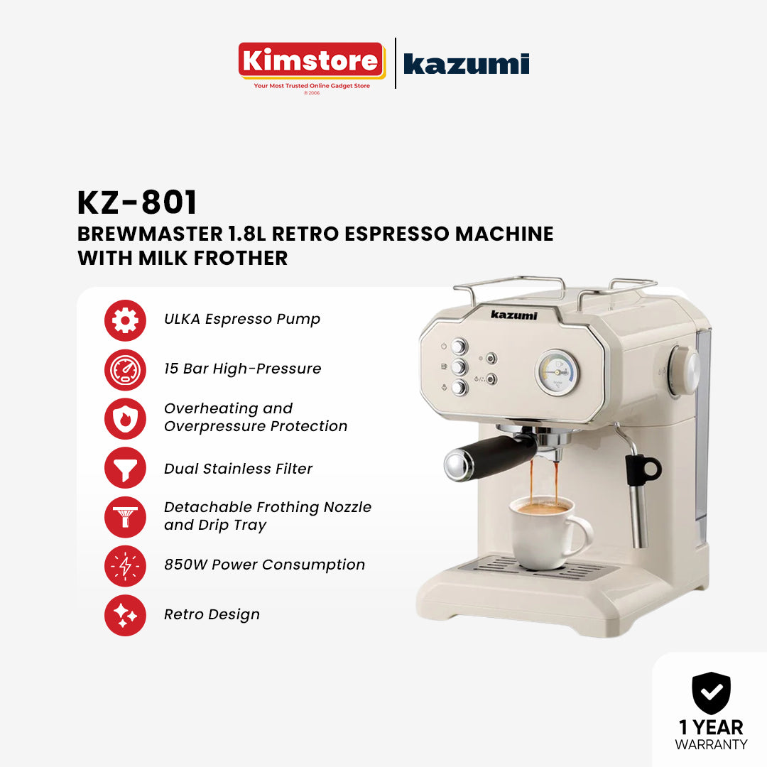 Kazumi KZ-801 BrewMaster 1.8L Retro Espresso Machine with Milk Frother