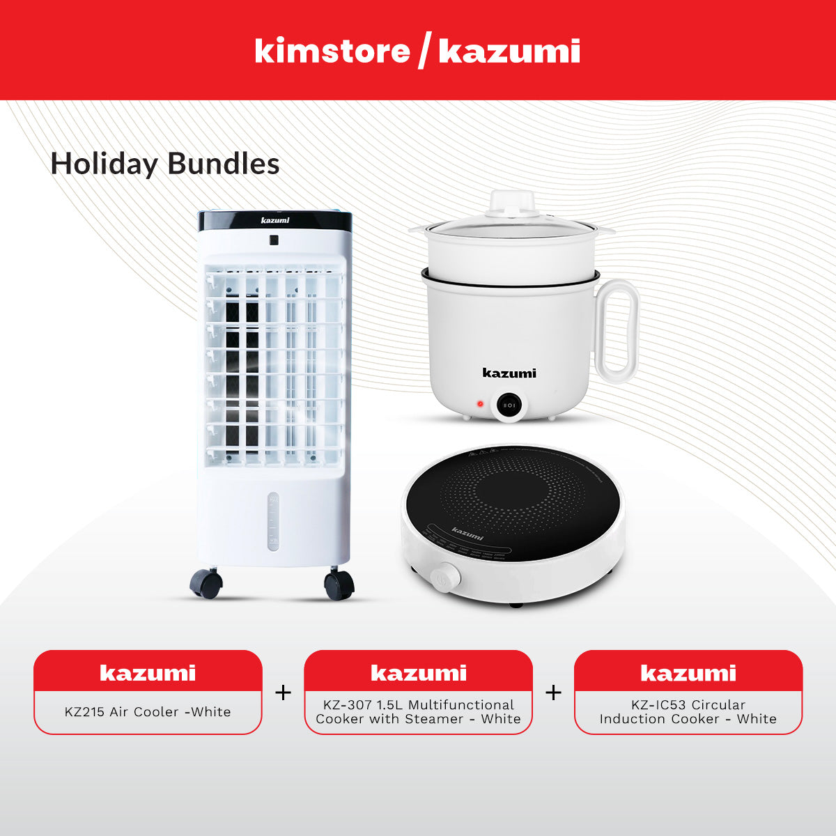 Holiday Bundle: Kazumi KZ215 Air Cooler + Kazumi KZ-307 1.5L Multifunctional Cooker with Steamer + Kazumi KZ-IC53 Circular Induction Cooker