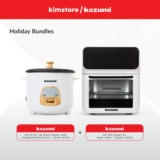 Holiday Bundle: Kazumi KZ-RC115 1.5L Rice Cooker with Coastal Wood Accent + Kazumi KZ-402 Smart Air Fryer Oven