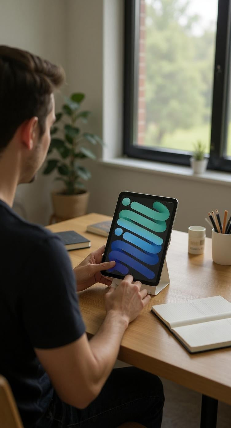 Person using a tablet at a desk with a window and plant in the background