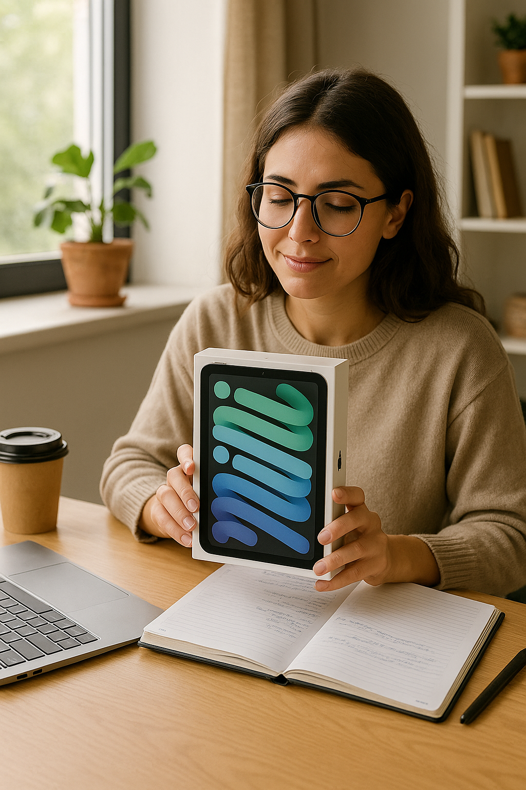 Woman holding a tablet with a colorful display in a home setting