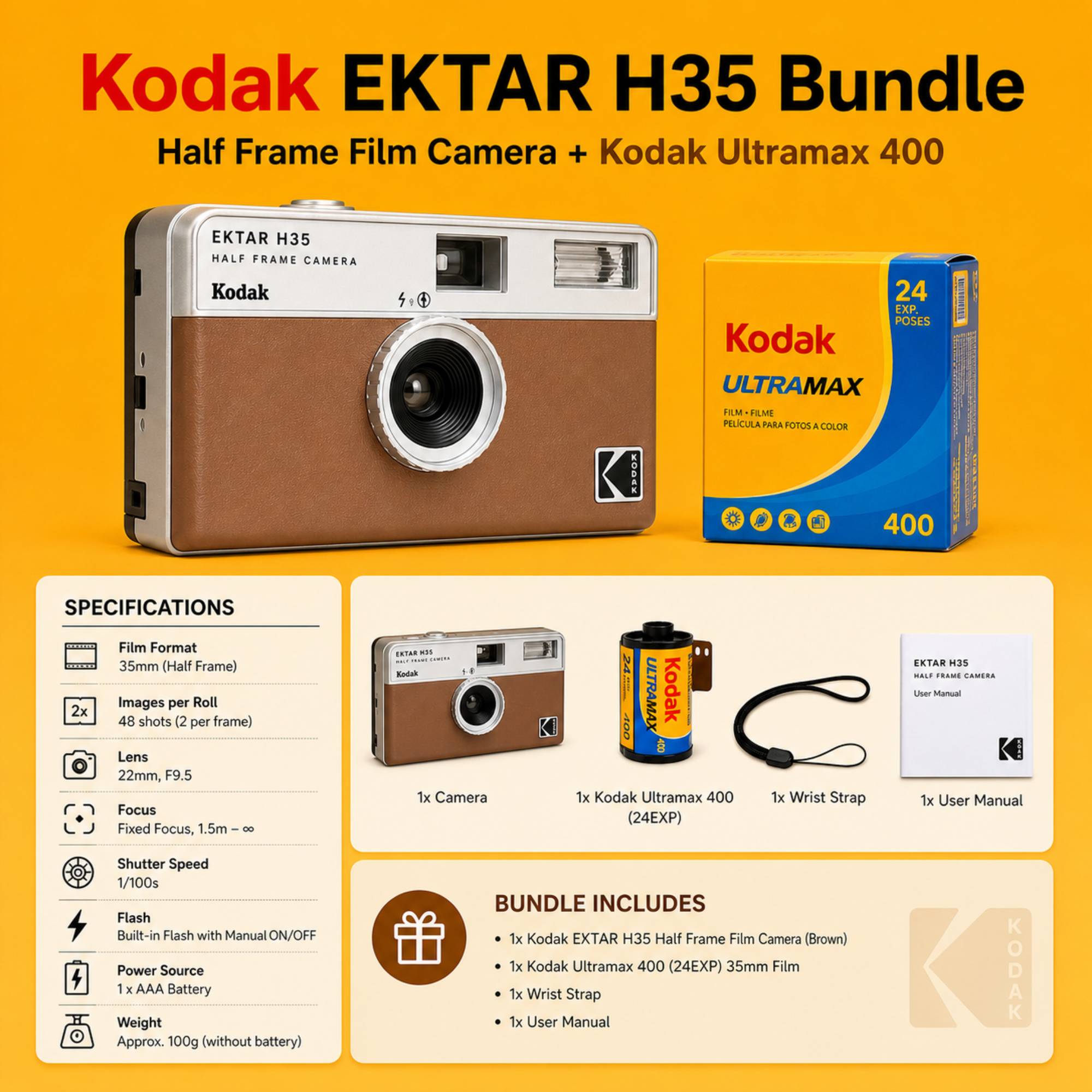 Kodak Ektar H35 Half Frame Film Camera + Kodak Ultramax 24EXP