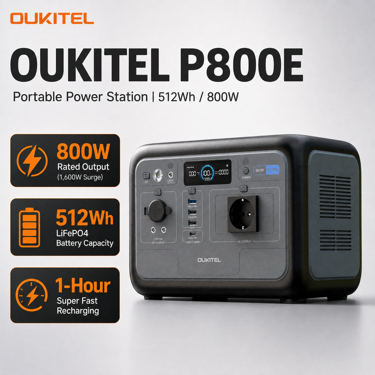 Oukitel P800E 512Wh/800W Portable Power Station with 1 AC Outlet