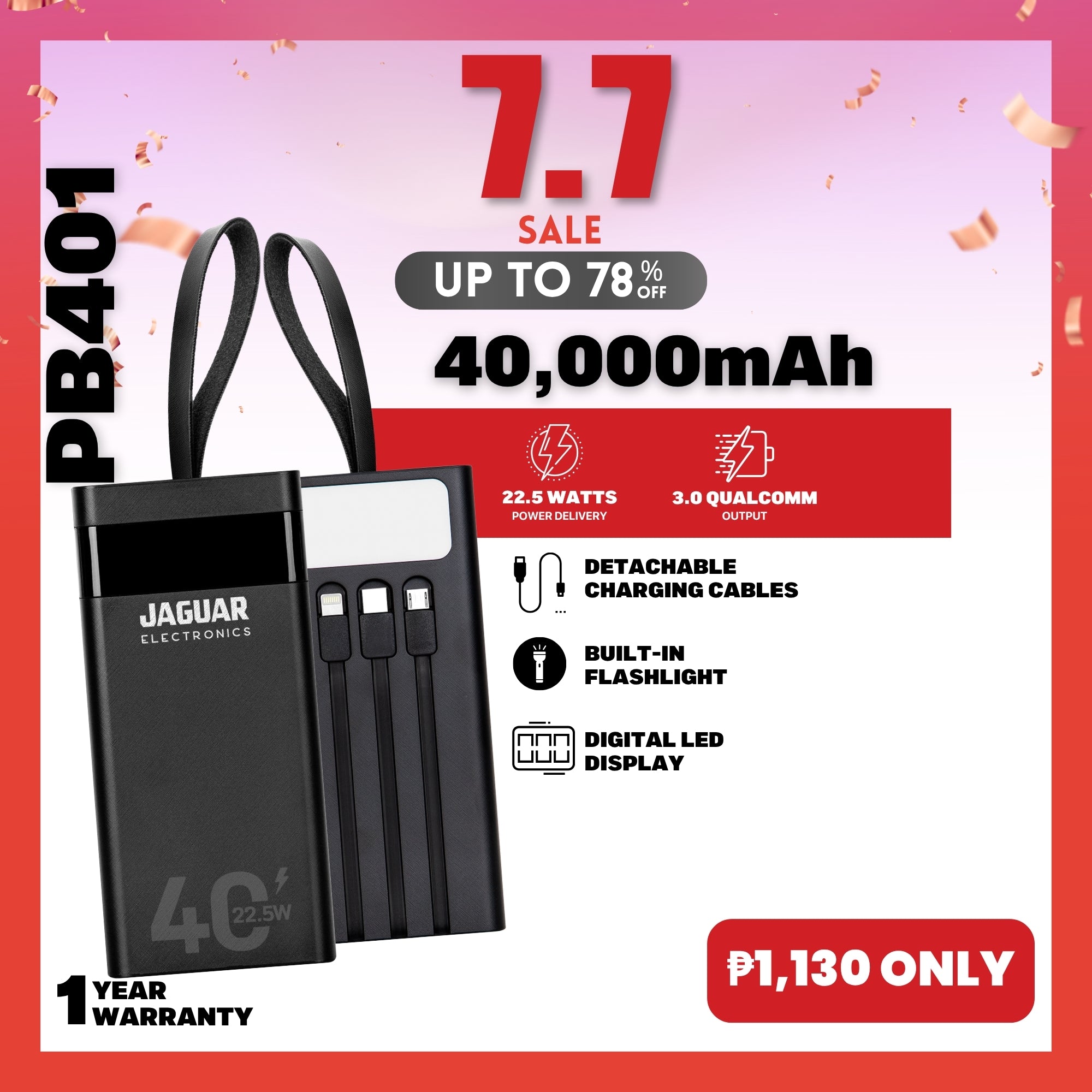 Jaguar Electronics PB401 40000mAh QC3.0 + PD Digital Display Power Bank 22.5W