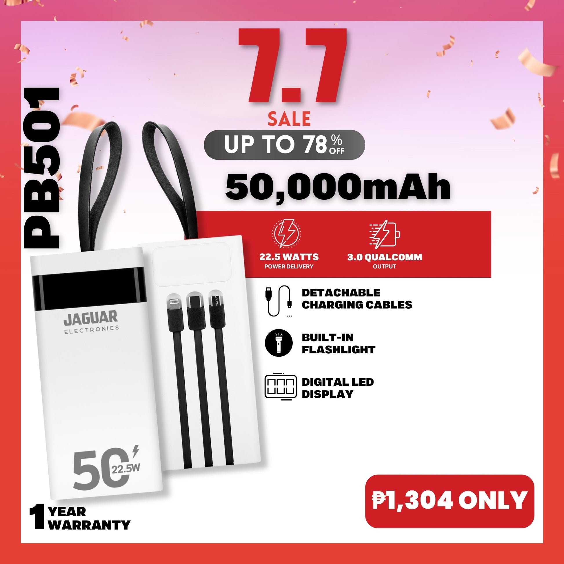 jaguar electronics pb501 50000mah qc3.0 + pd digital display power bank 22.5w white