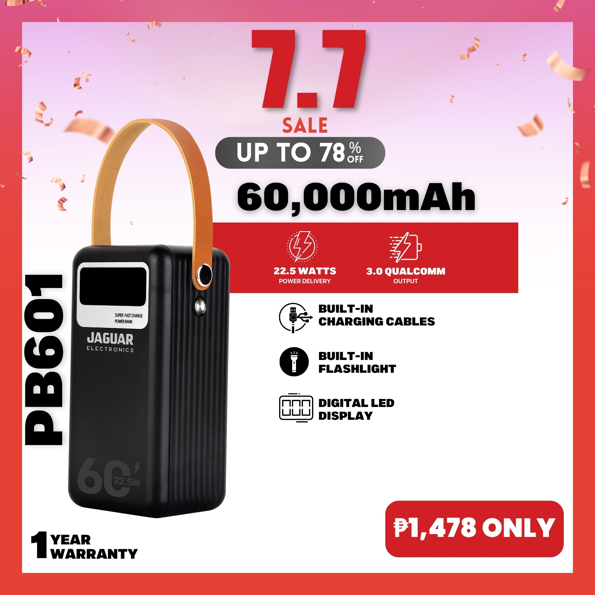 Jaguar Electronics PB601 60000mAh QC3.0 + PD Digital Display Power Bank 22.5W