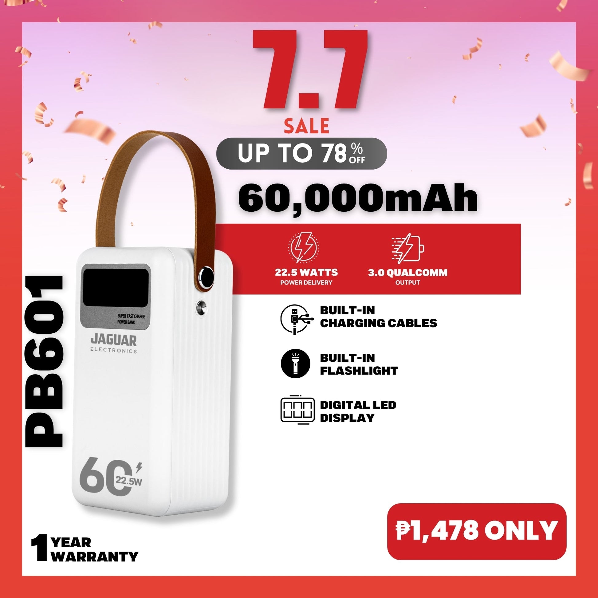 jaguar electronics pb601 60000mah qc3.0 + pd digital display power bank 22.5w white