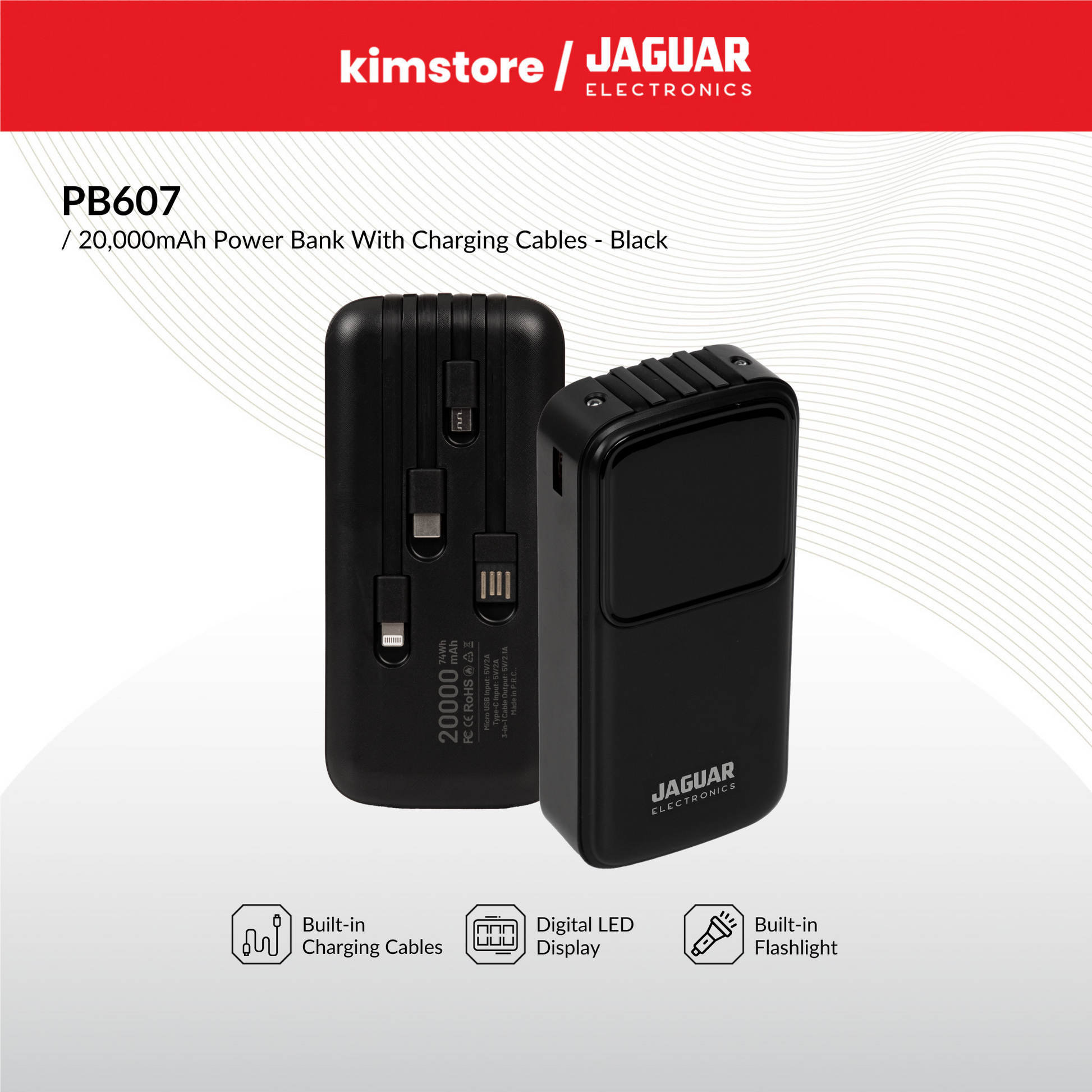 bundle 3pc jaguar electronics pb607 20000mah power bank with charging cable - black