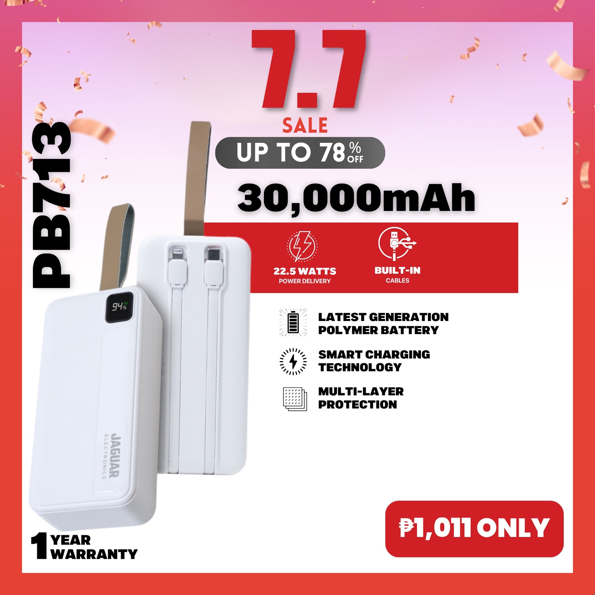 jaguar electronics pb713 power bank with built in cables 22.5w pd/qc 3.0 30000mah white