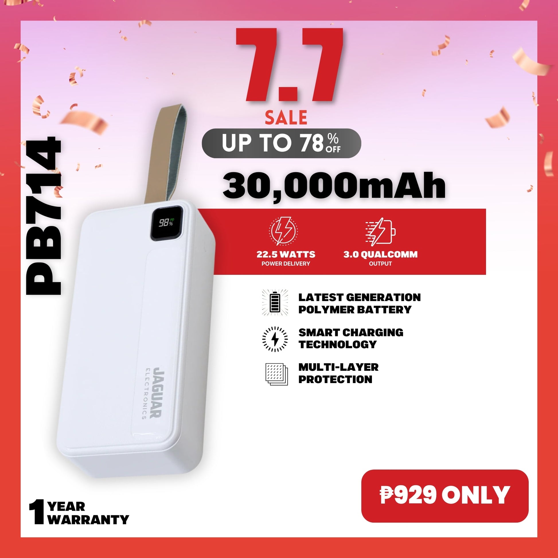 jaguar electronics pb714 power bank with digital display 22.5w pd/qc 3.0 30000mah white