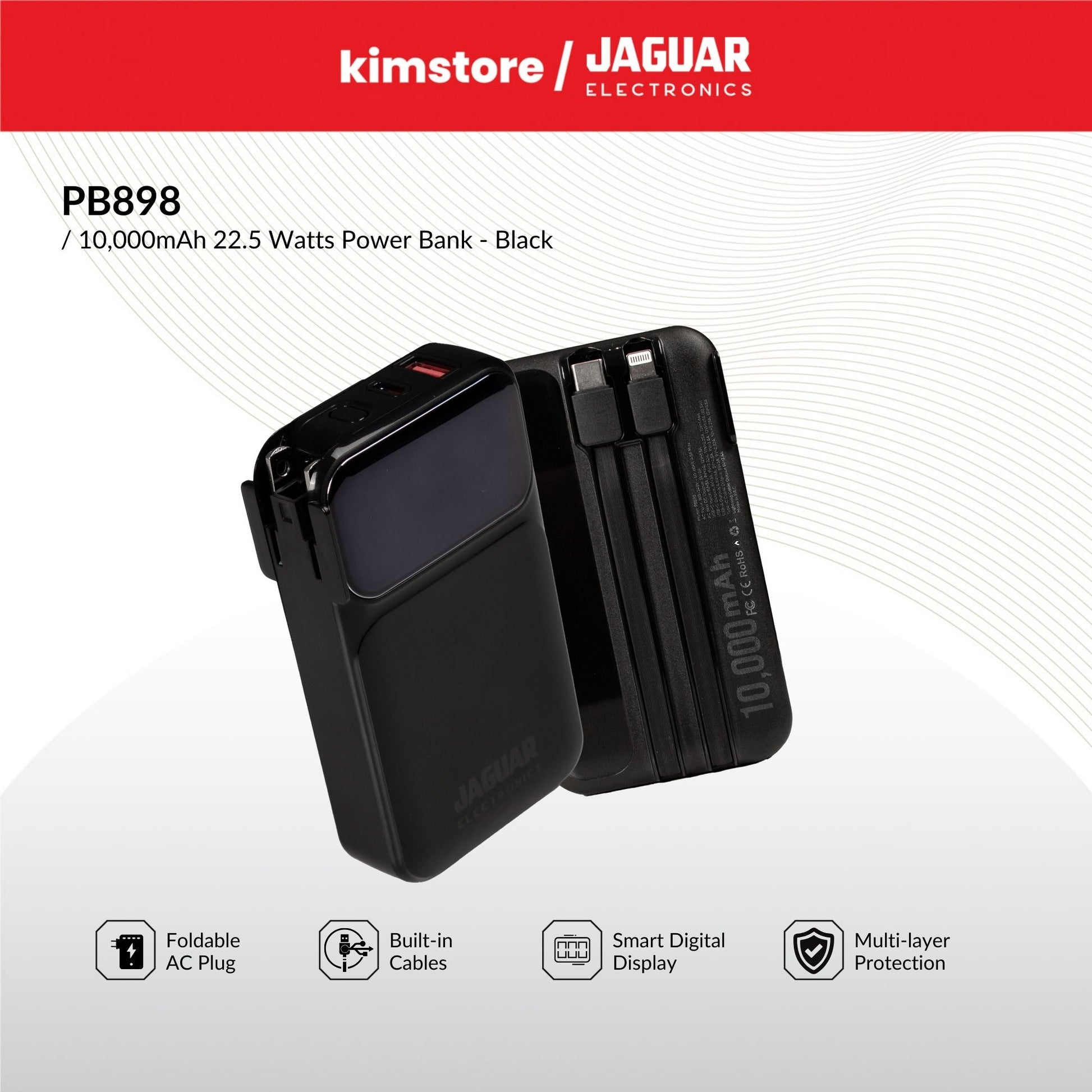 jaguar electronics pb898 10000mah 22.5w pd/qc 3.0 power bank with plug and built in cables black