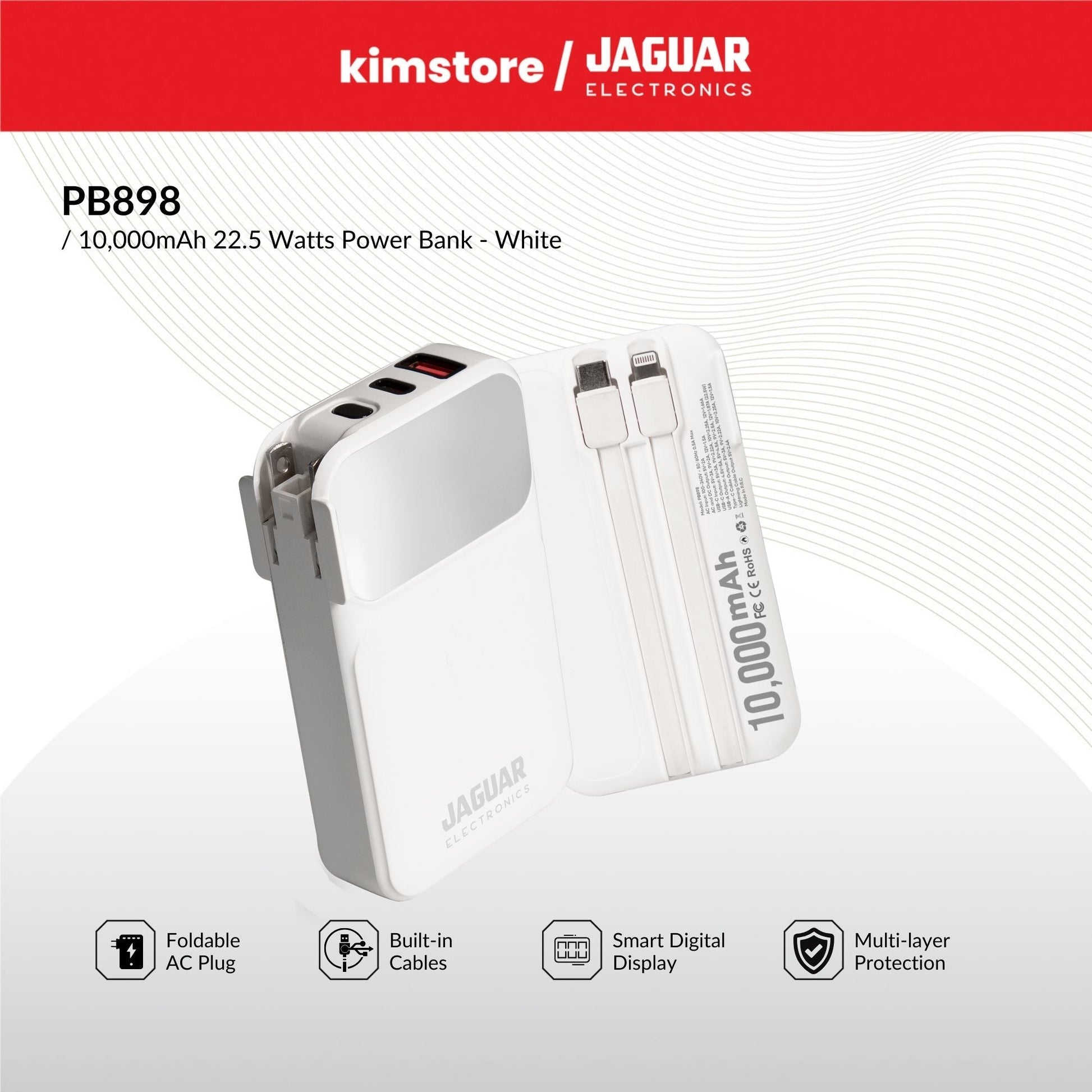 jaguar electronics pb898 10000mah 22.5w pd/qc 3.0 power bank with plug and built in cables white