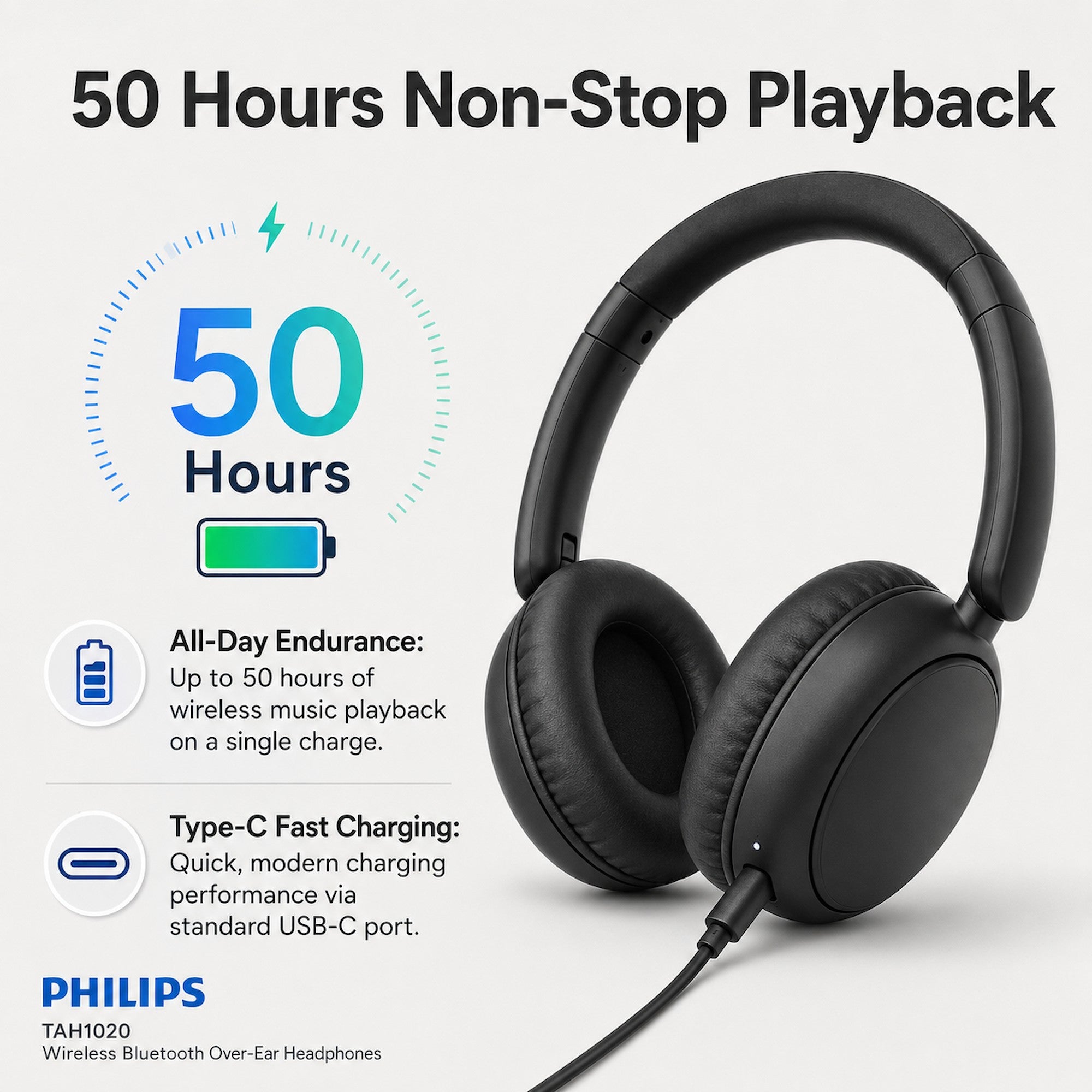 Philips TAH1020 Wireless Bluetooth Over-Ear Headphones Foldable with Microphone