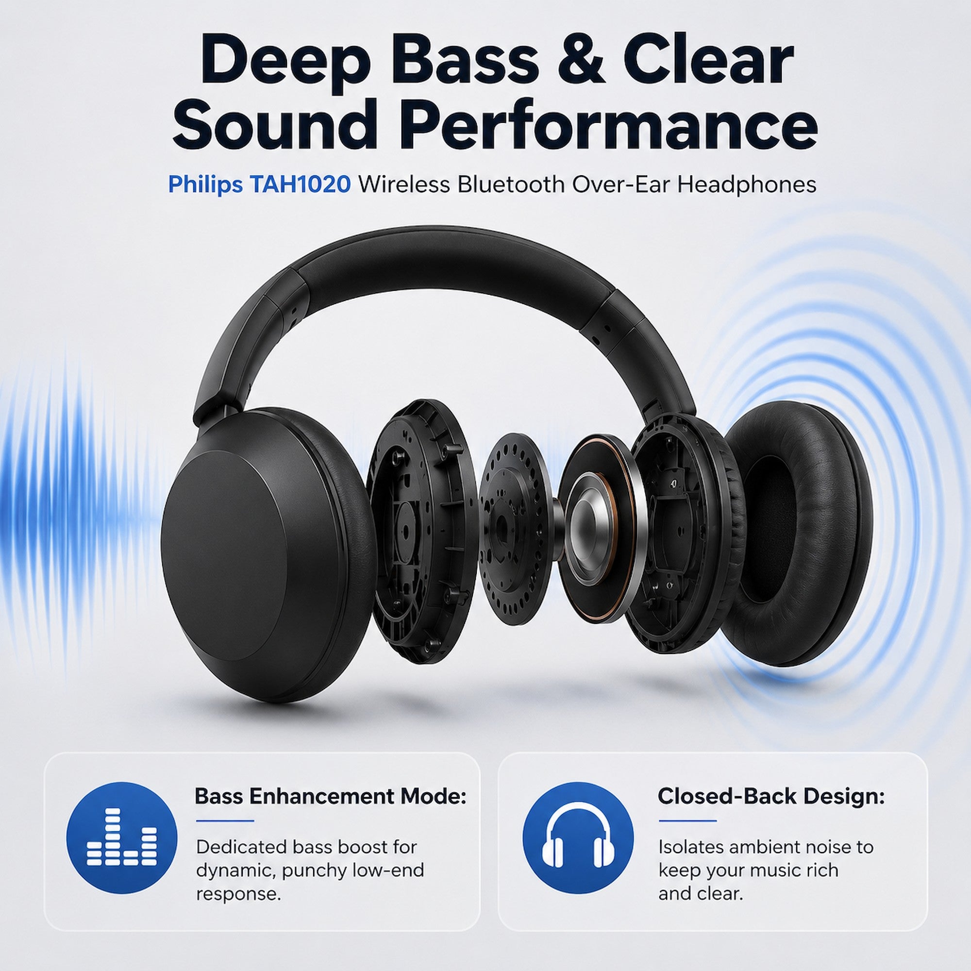 Philips TAH1020 Wireless Bluetooth Over-Ear Headphones Foldable with Microphone