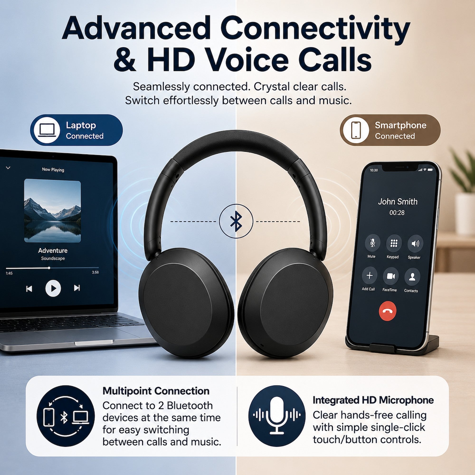 Philips TAH1020 Wireless Bluetooth Over-Ear Headphones Foldable with Microphone