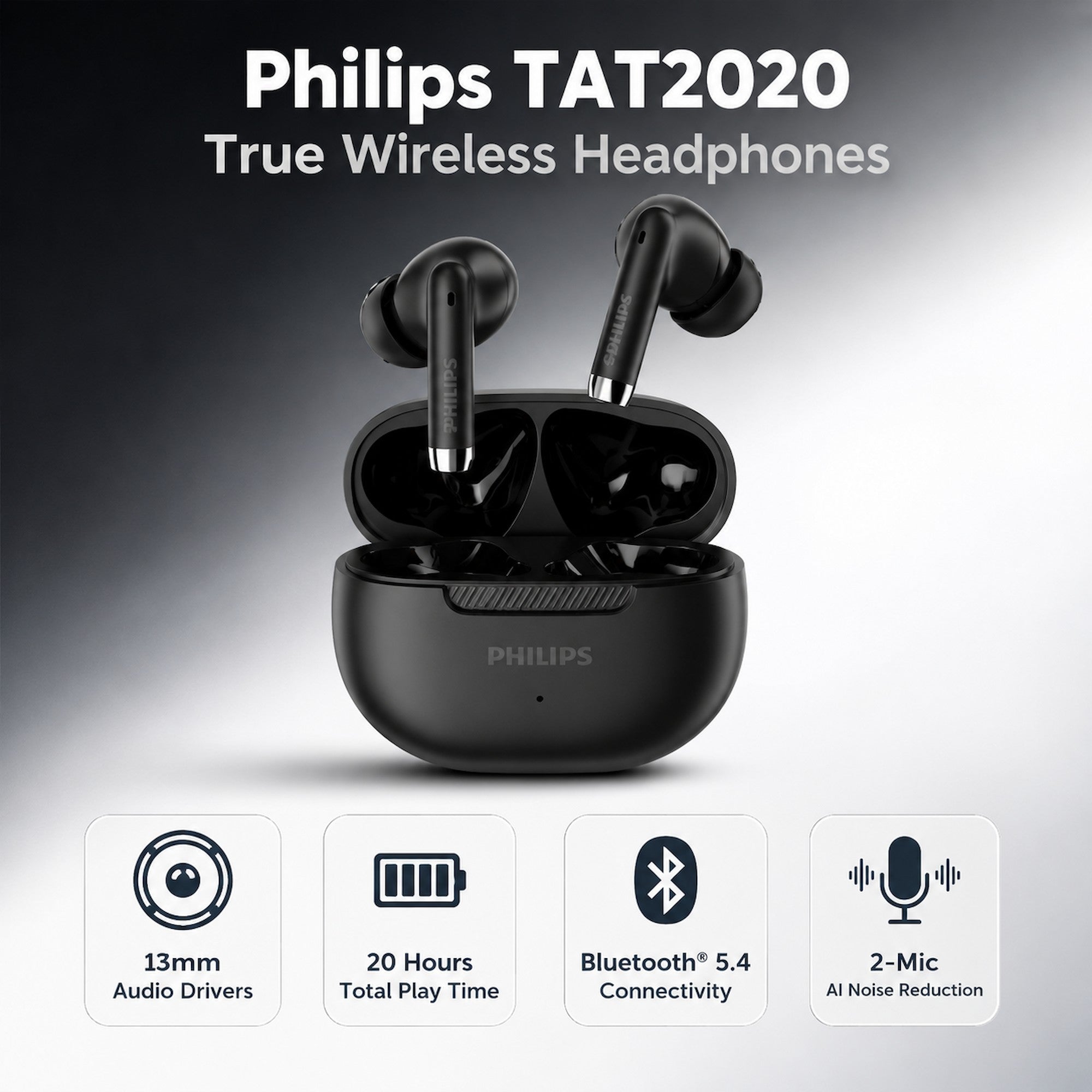Philips TAT2020 TWS Bluetooth Earbuds True Wireless Earphones with Charging Case, Built-in Mic