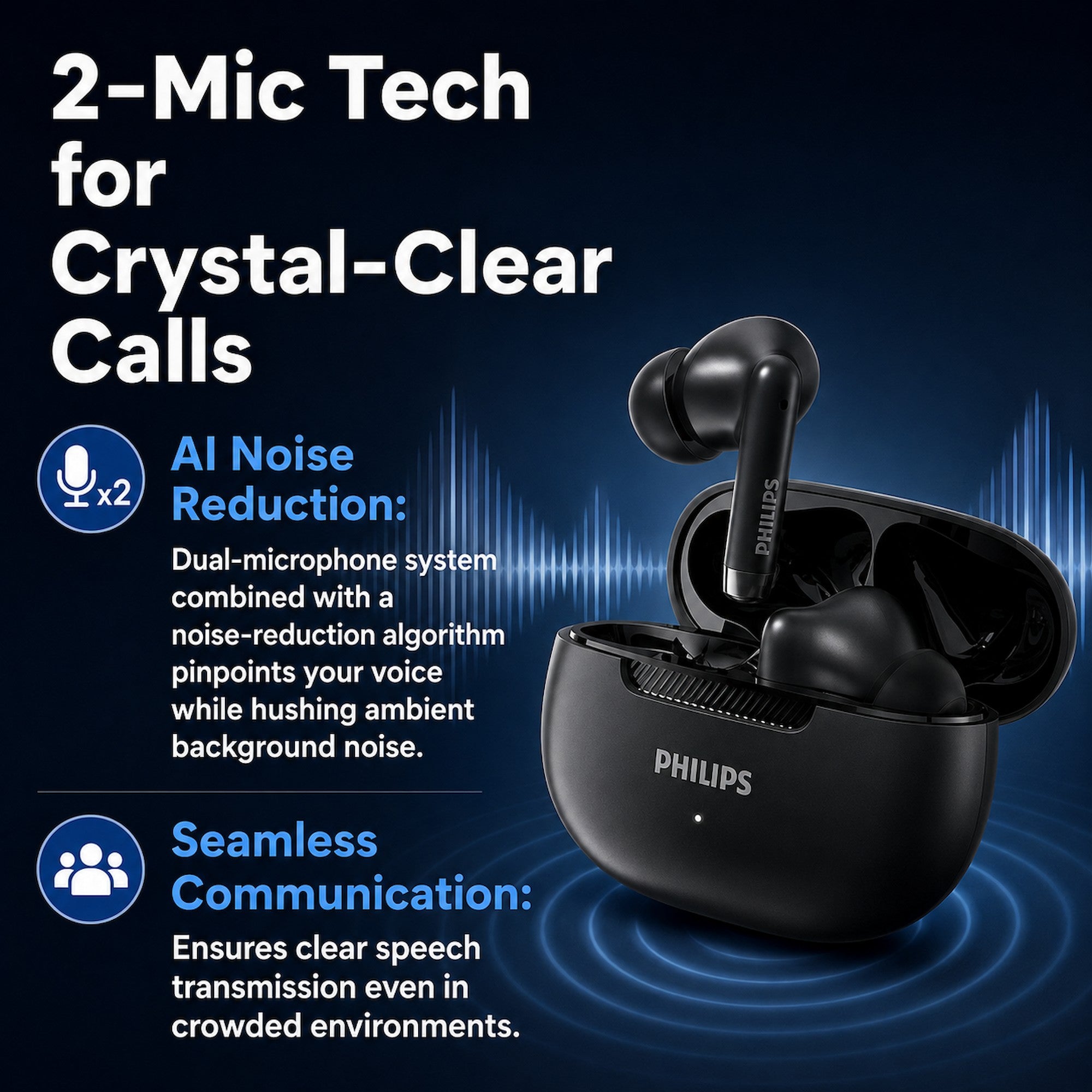 Philips TAT2020 TWS Bluetooth Earbuds True Wireless Earphones with Charging Case, Built-in Mic