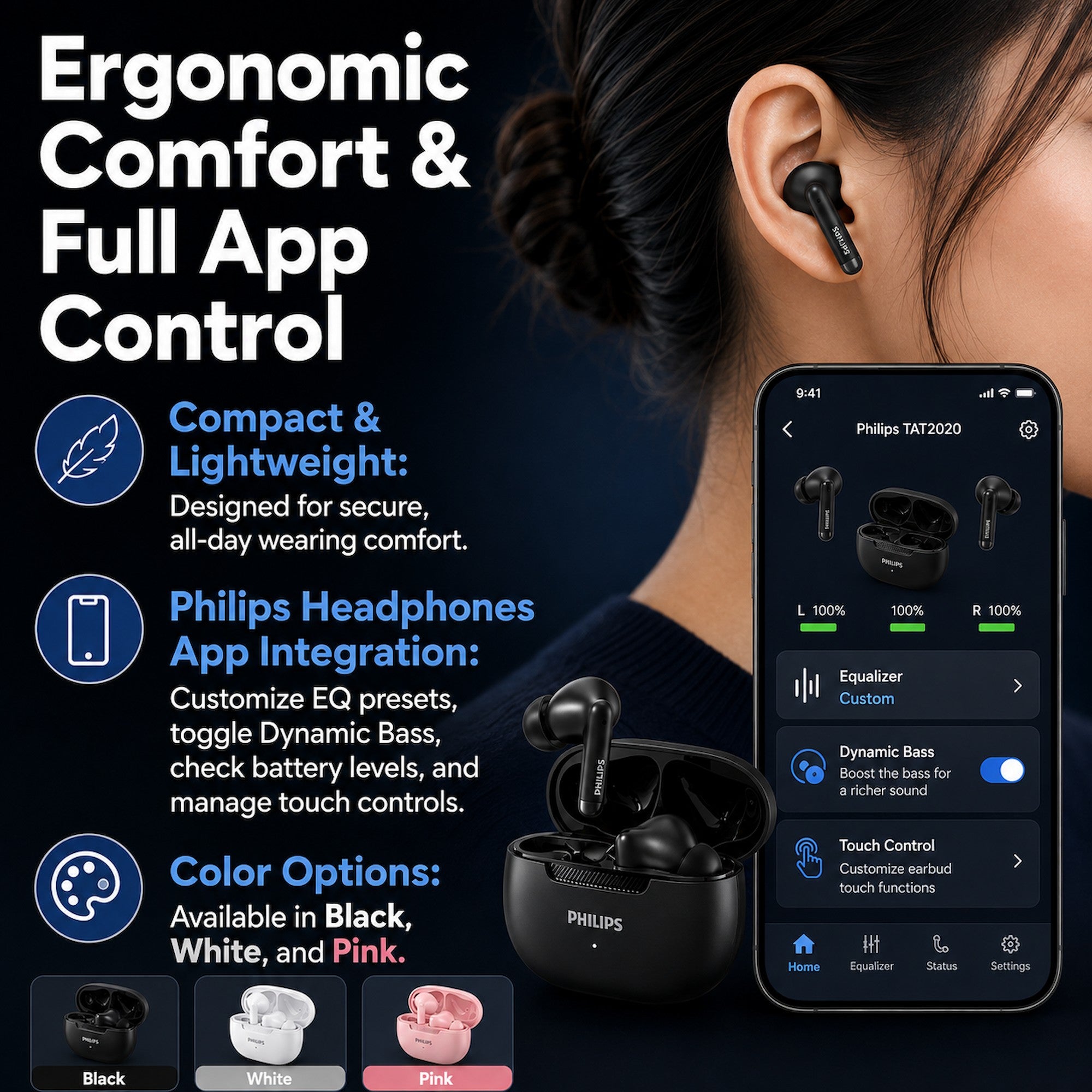 Philips TAT2020 TWS Bluetooth Earbuds True Wireless Earphones with Charging Case, Built-in Mic