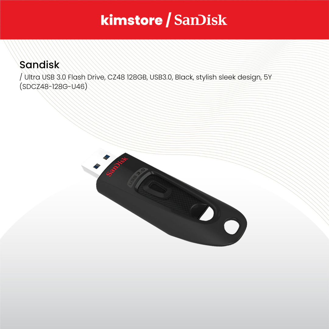 SanDisk Ultra USB 3.0 Flash Drive, CZ48 128GB, USB3.0, Black, stylish sleek design, 5Y (SDCZ48-128G-U46)