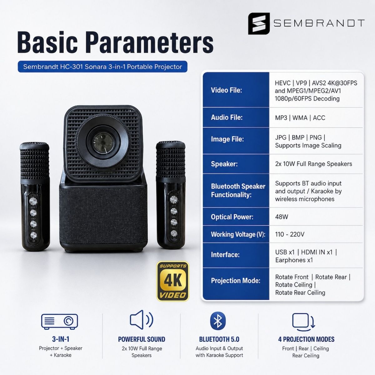 Sembrandt HC-301 Sonara 3-in-1 Portable Projector