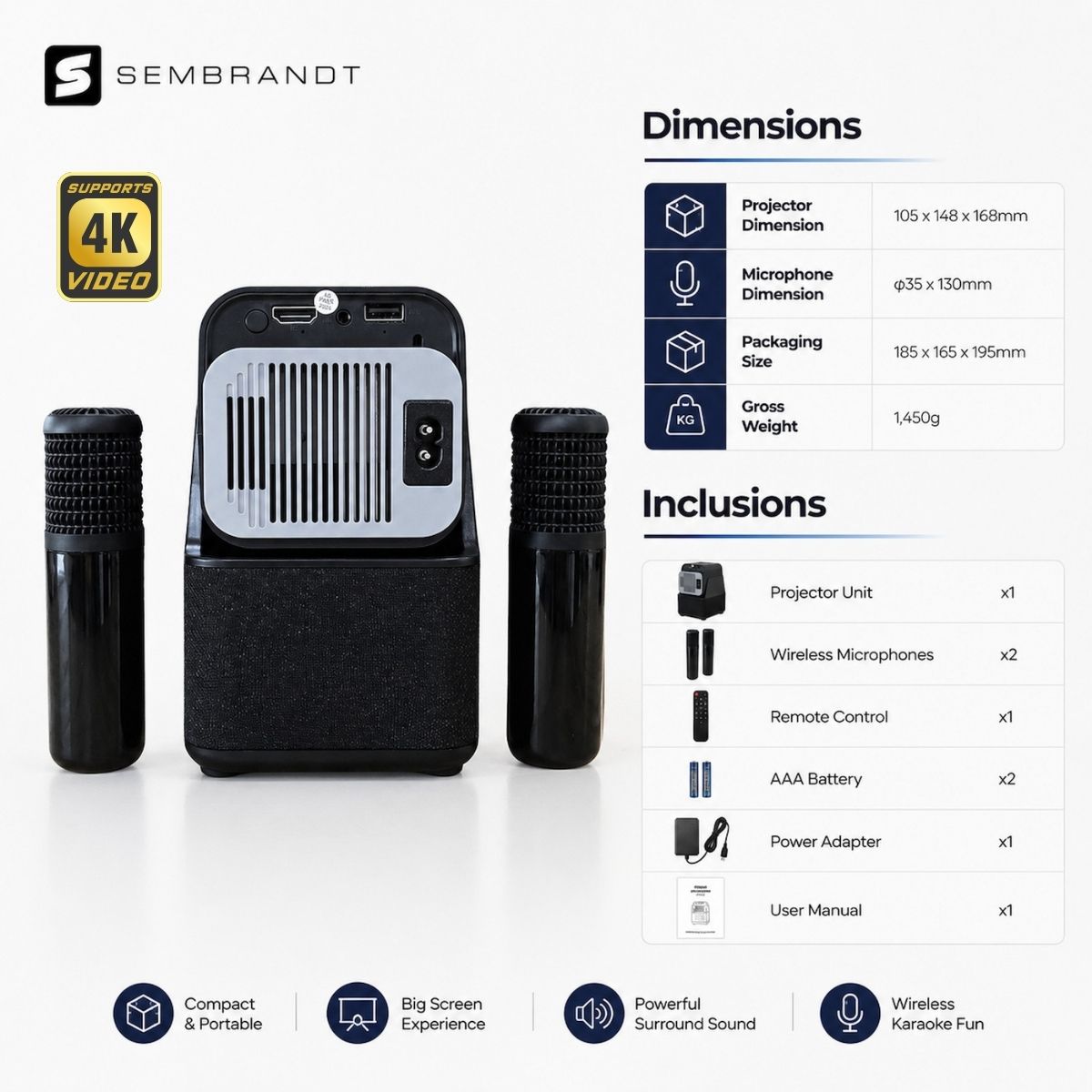 Sembrandt HC-301 Sonara 3-in-1 Portable Projector