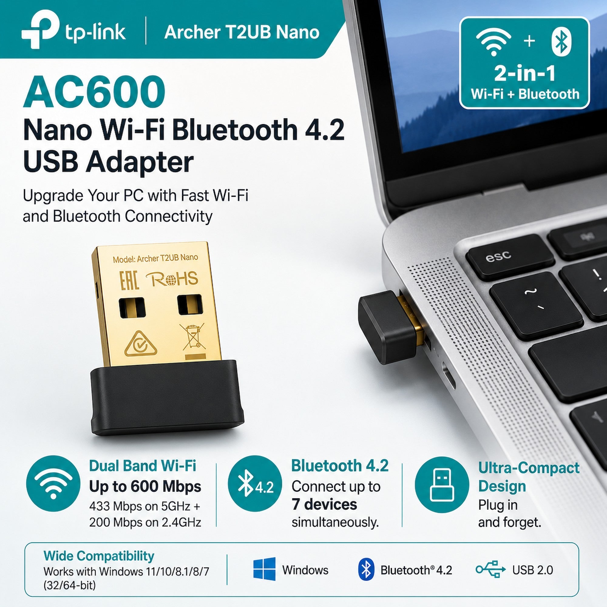 TP-Link Archer T2UB Nano AC600 Nano Dual Band Wi-Fi Bluetooth 4.2 USB Adapter [Pre-Order]