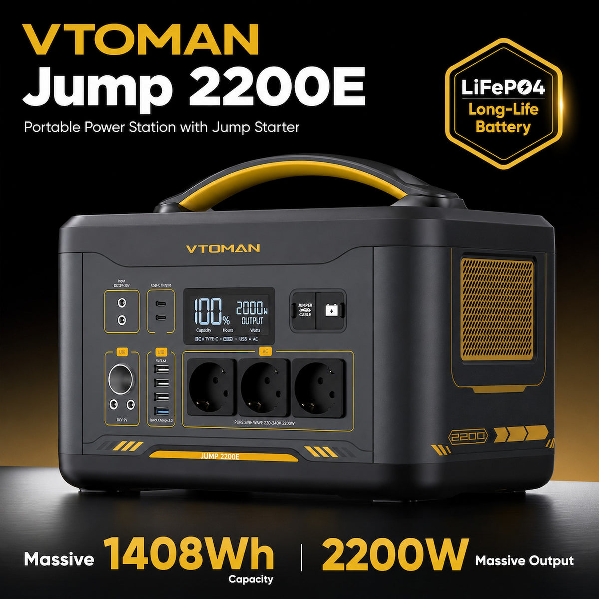 VTOMAN Jump 2200E 1408Wh/2200W Portable Power Station with 3 AC Outlets and Jump Starter