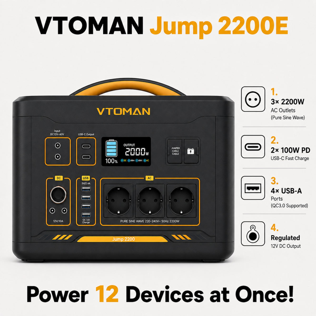 VTOMAN Jump 2200E 1408Wh/2200W Portable Power Station with 3 AC Outlets and Jump Starter
