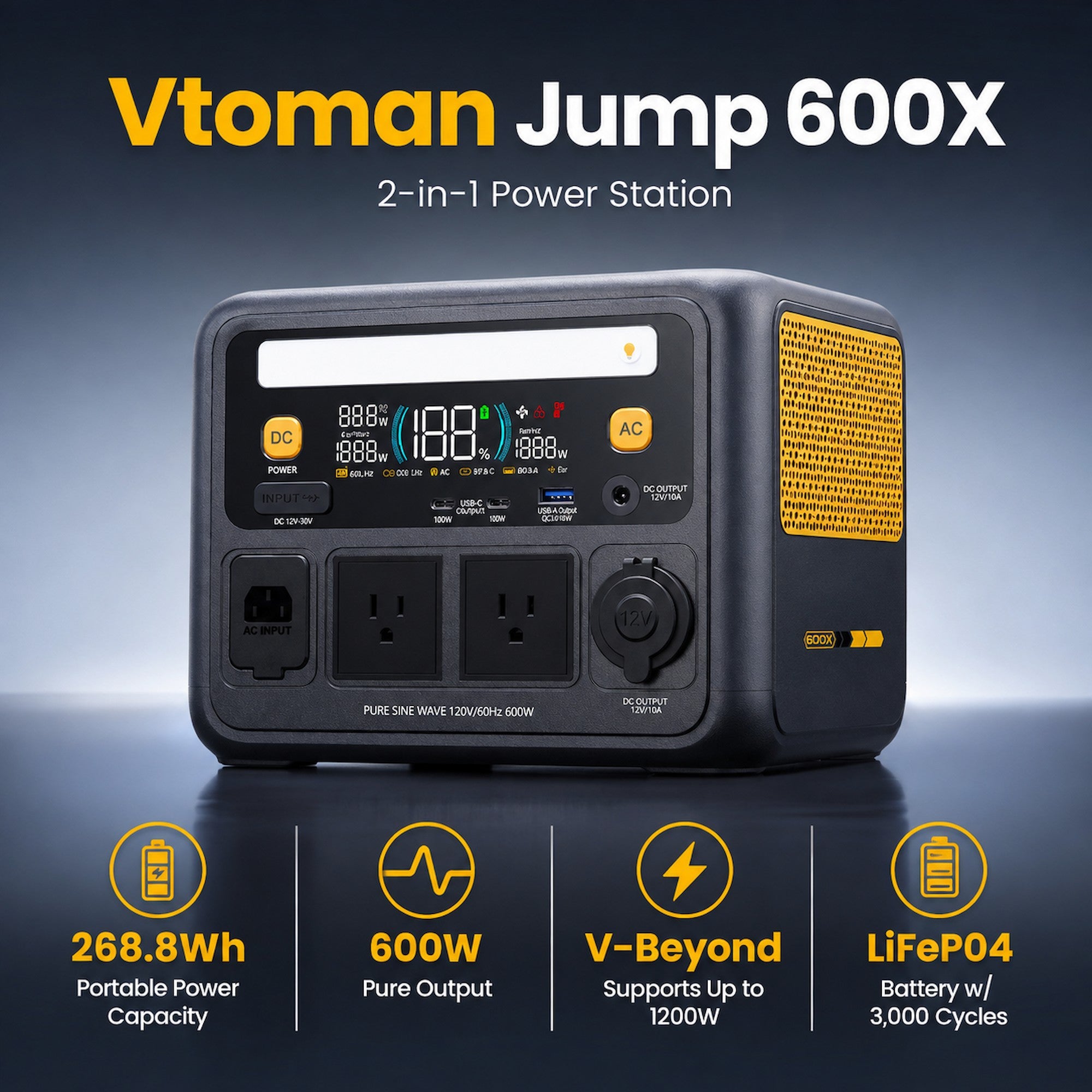 VTOMAN Jump 600X 268Wh/600W Portable Power Station with 2 AC Outlets and Jump Starter
