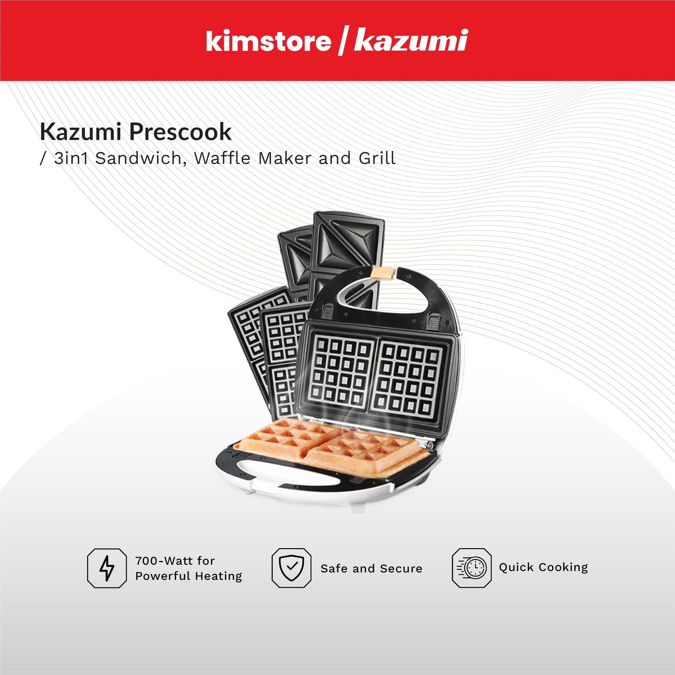 [Open Box] [C] Kazumi Prescook 3-in-1 Sandwich, Waffle Maker and Grill