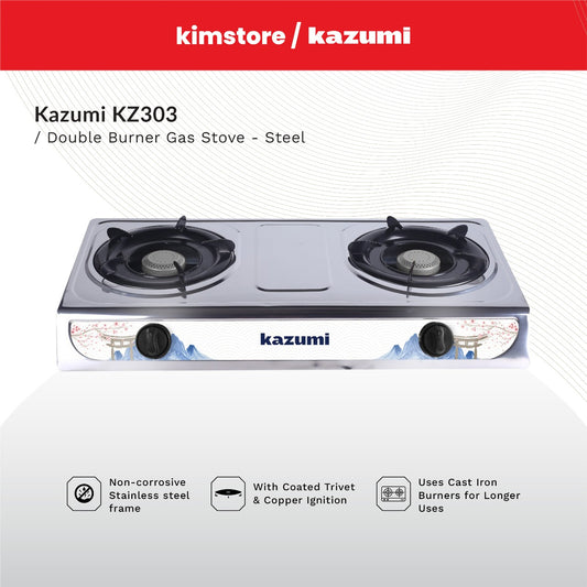 Kazumi Kz303 Double Burner Gas Stove  Non-Corrosive Stainless Steel Frame And Body With Coated Trivet And Copper Ignition