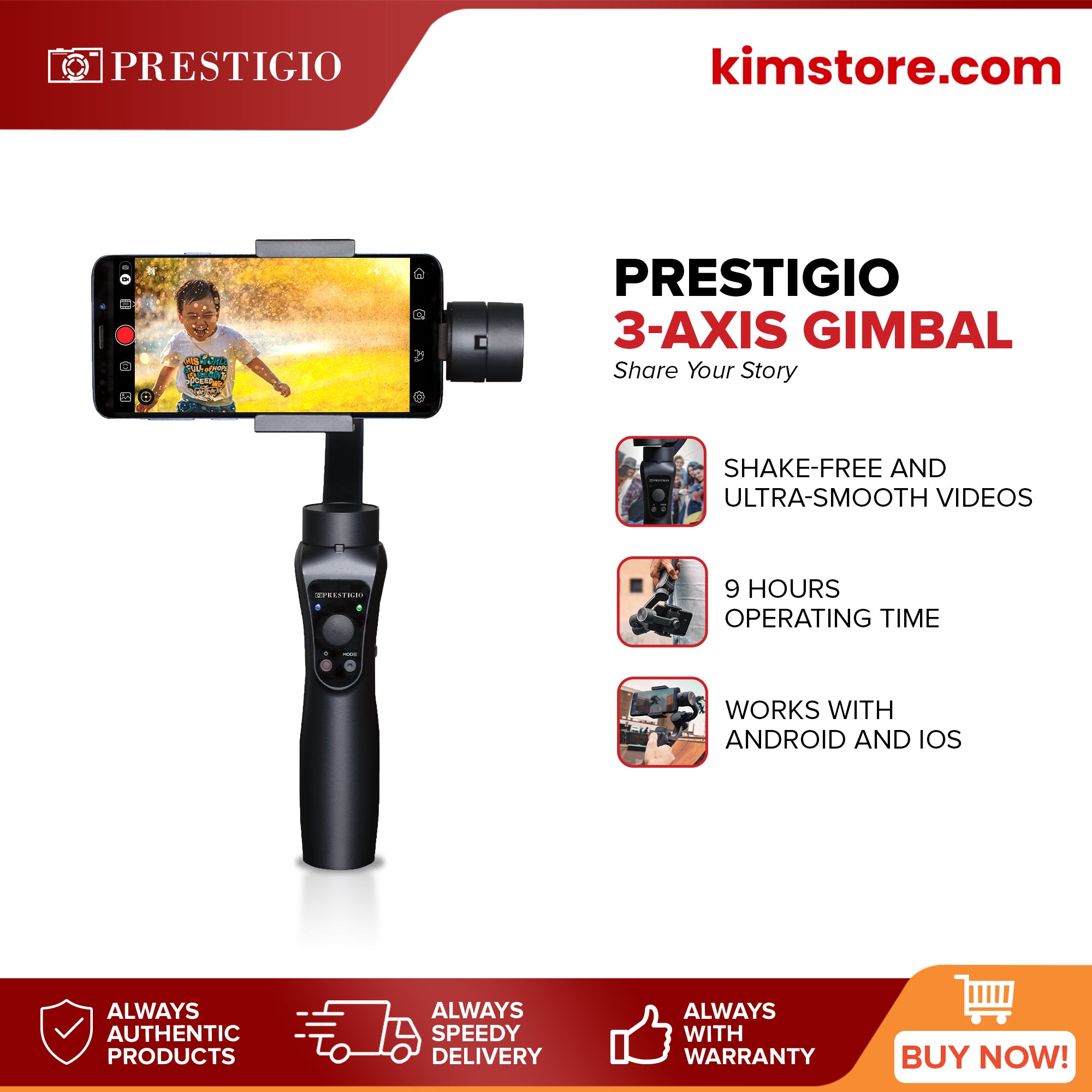Prestigio 3-Axis Gimbal, Silent Brushless Motor Bluetooth for iOS Android Mobile Filmmaking Vlogging