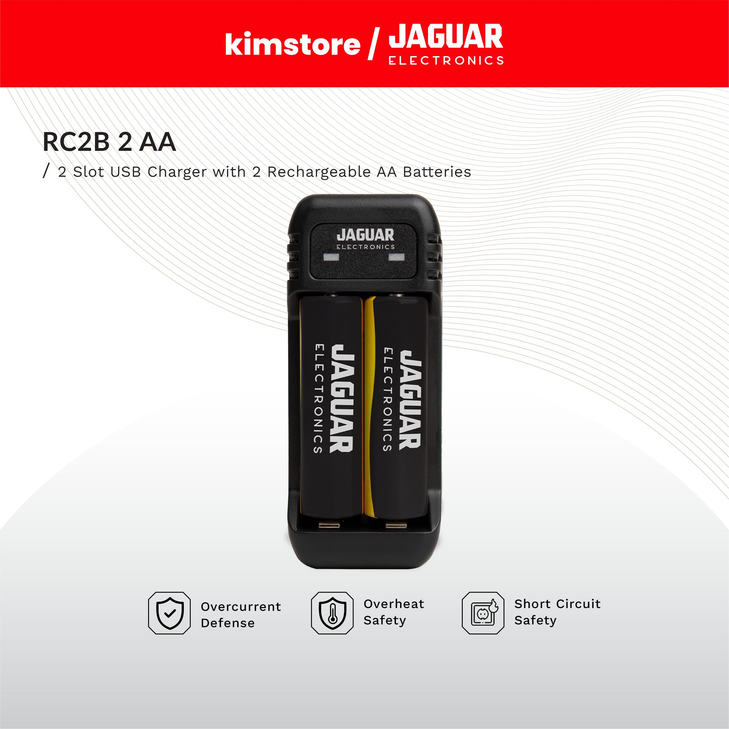 [Open Box] [B] Jaguar Electronics RC2B 2-Slot USB Charger with 2 Rechargeable Batteries