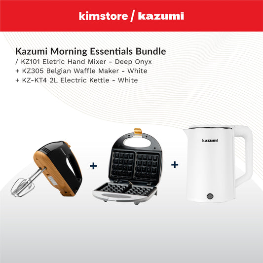 BUNDLE: Kazumi KZ-101 Electric Hand Mixer (Deep Onyx) + Kazumi KZ-305 Belgian Waffle Maker (White) + Kazumi KZ-KT4 2L Electric Kettle (White)