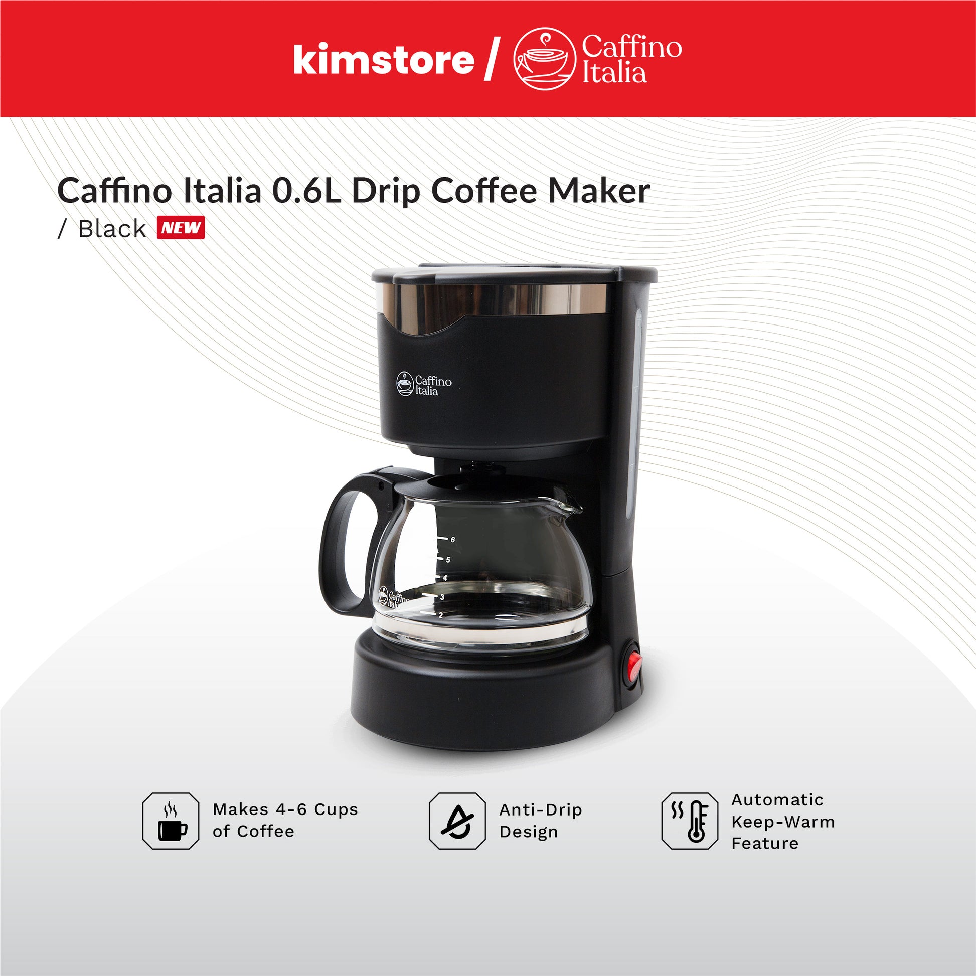 caffino italia 0.6l drip coffee maker black