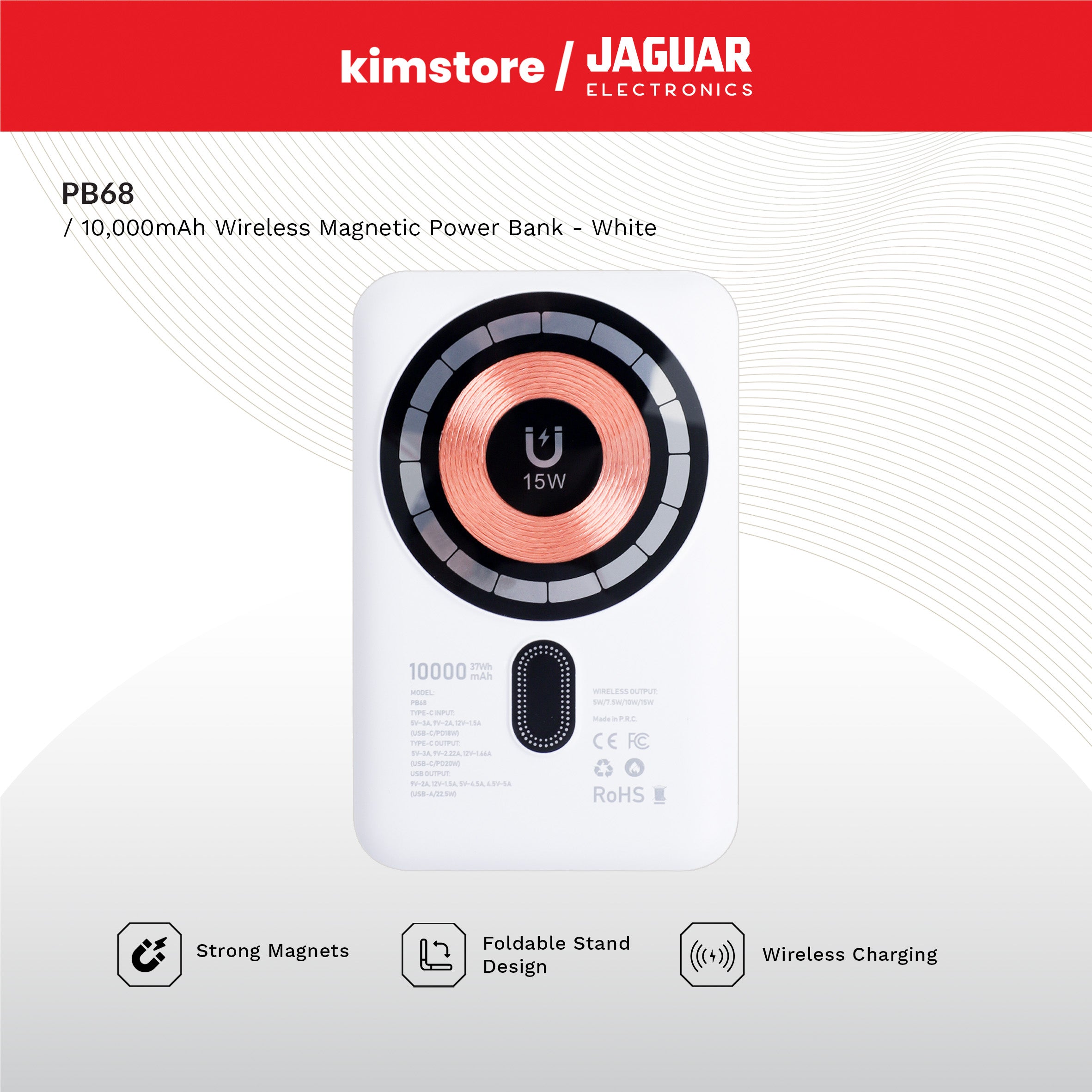 [Open Box] [B] Jaguar Electronics Pb68 Magnetic Wireless Power Bank With Foldable Stand Pd20W 10000Mah - White