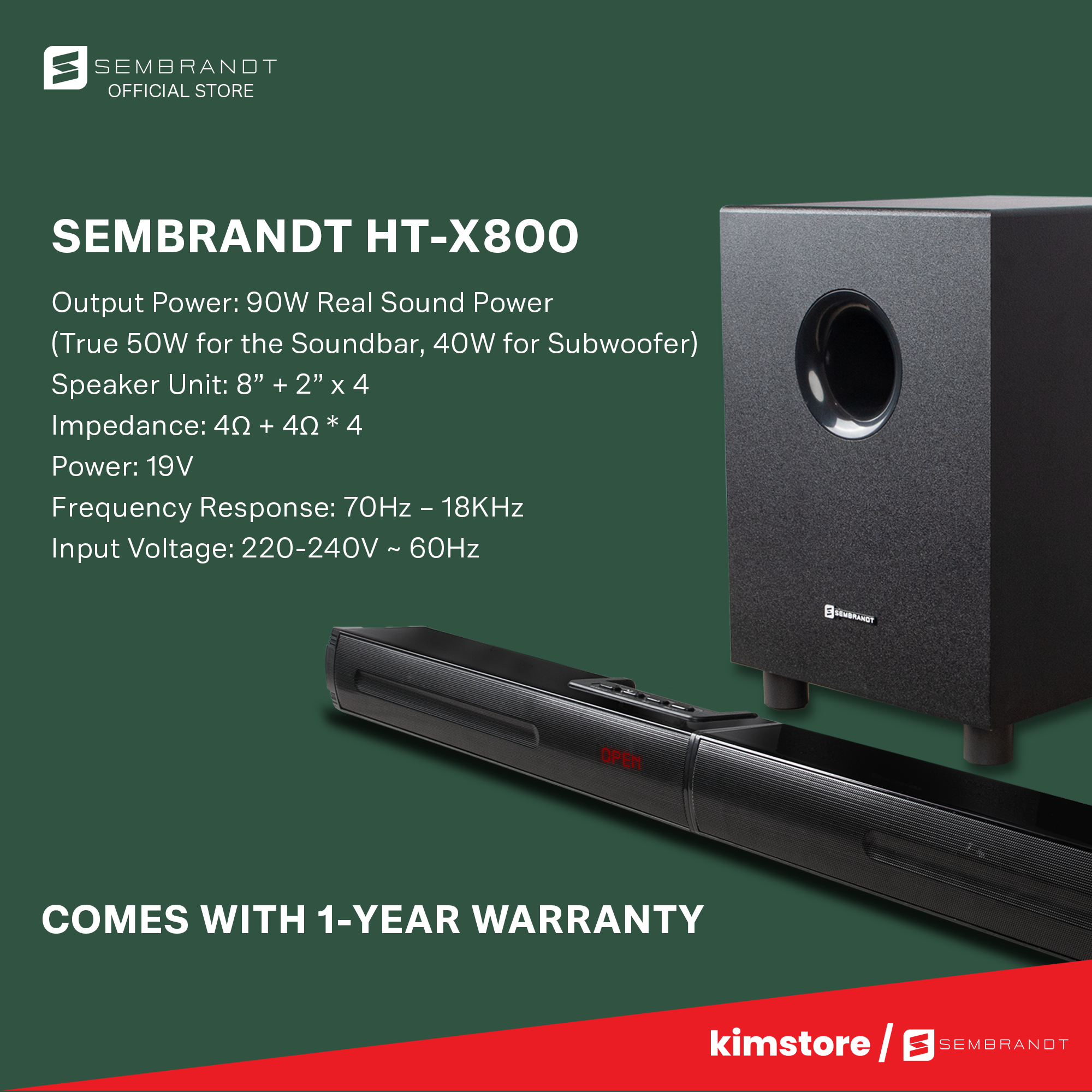 Sembrandt HT-X800 Soundbar with Subwoofer