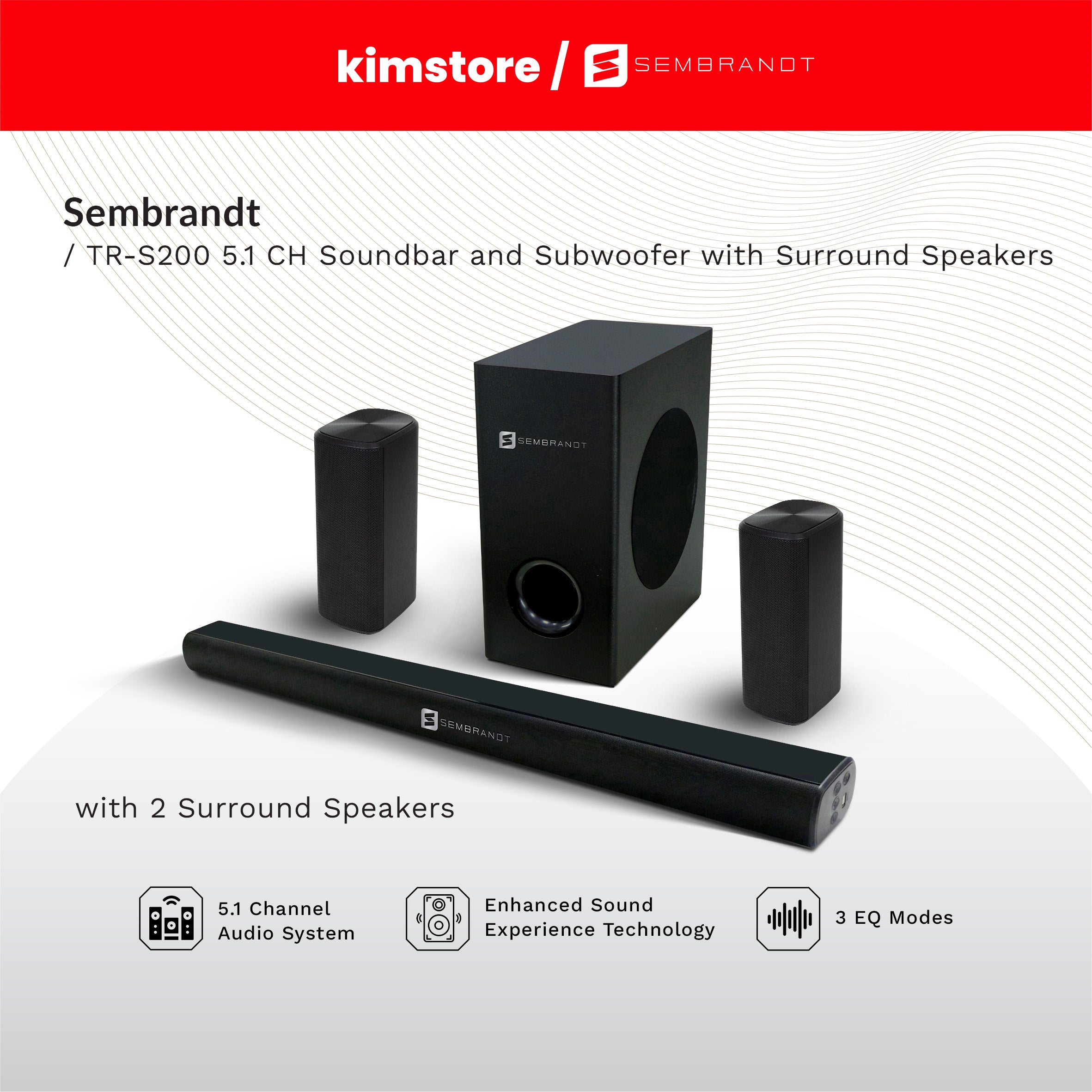 Sembrandt TR-S200 5.1CH Soundbar and Subwoofer with Surround Speakers