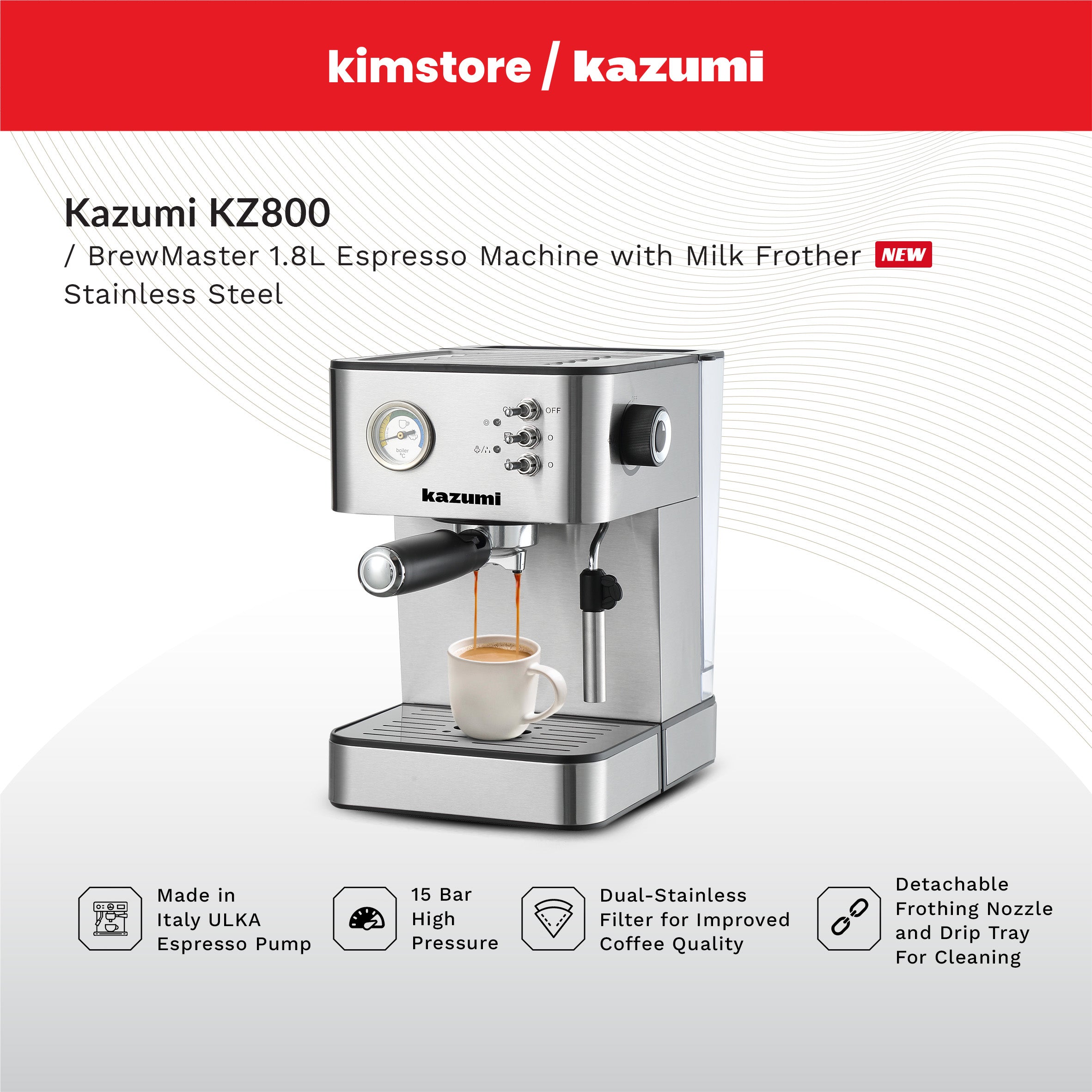 kazumi kz 800 brewmaster 1.8l espresso machine with milk frother stainless steel