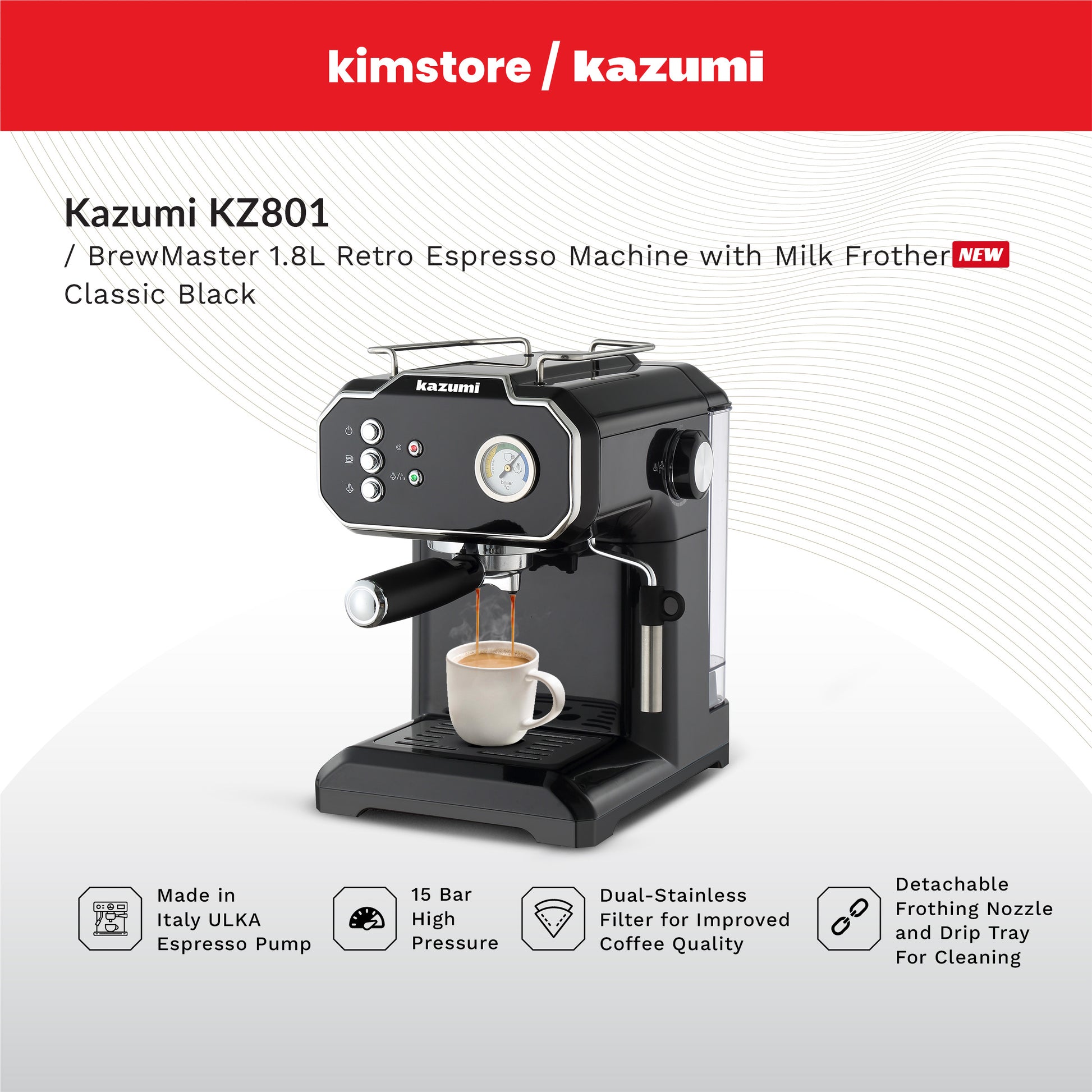 kazumi kz 801 brewmaster 1.8l retro espresso machine with milk frother classic black