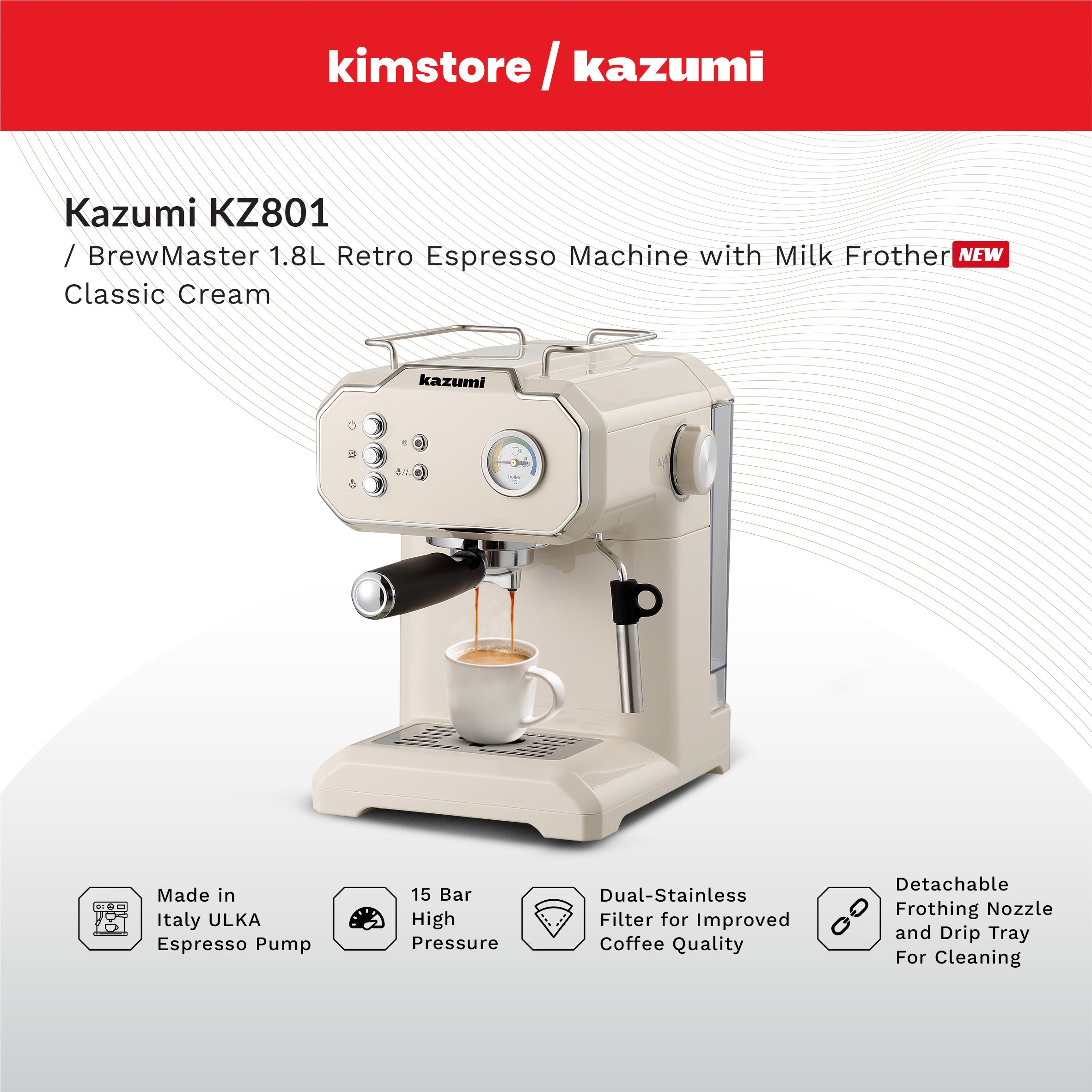 [Open Box] [B] Kazumi Kz-801 Brewmaster 1.8L Retro Espresso Machine With Milk Frother