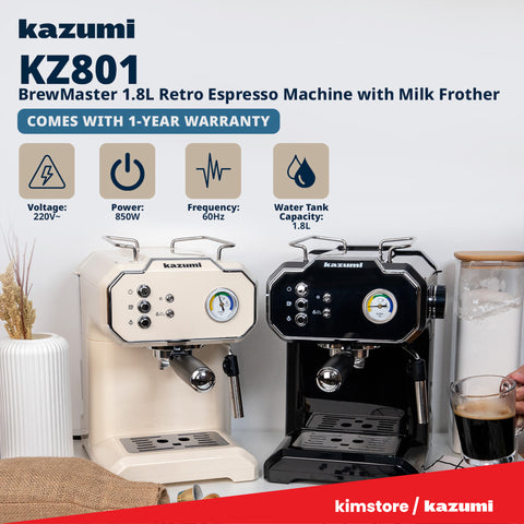 Kazumi KZ-801 BrewMaster 1.8L Retro Espresso Machine with Milk Frother