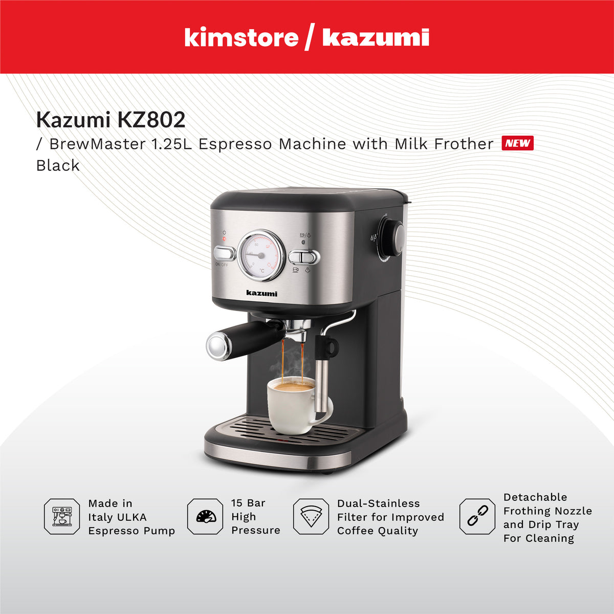 Kazumi KZ-802 BrewMaster 1.25L Espresso Machine with Milk Frother